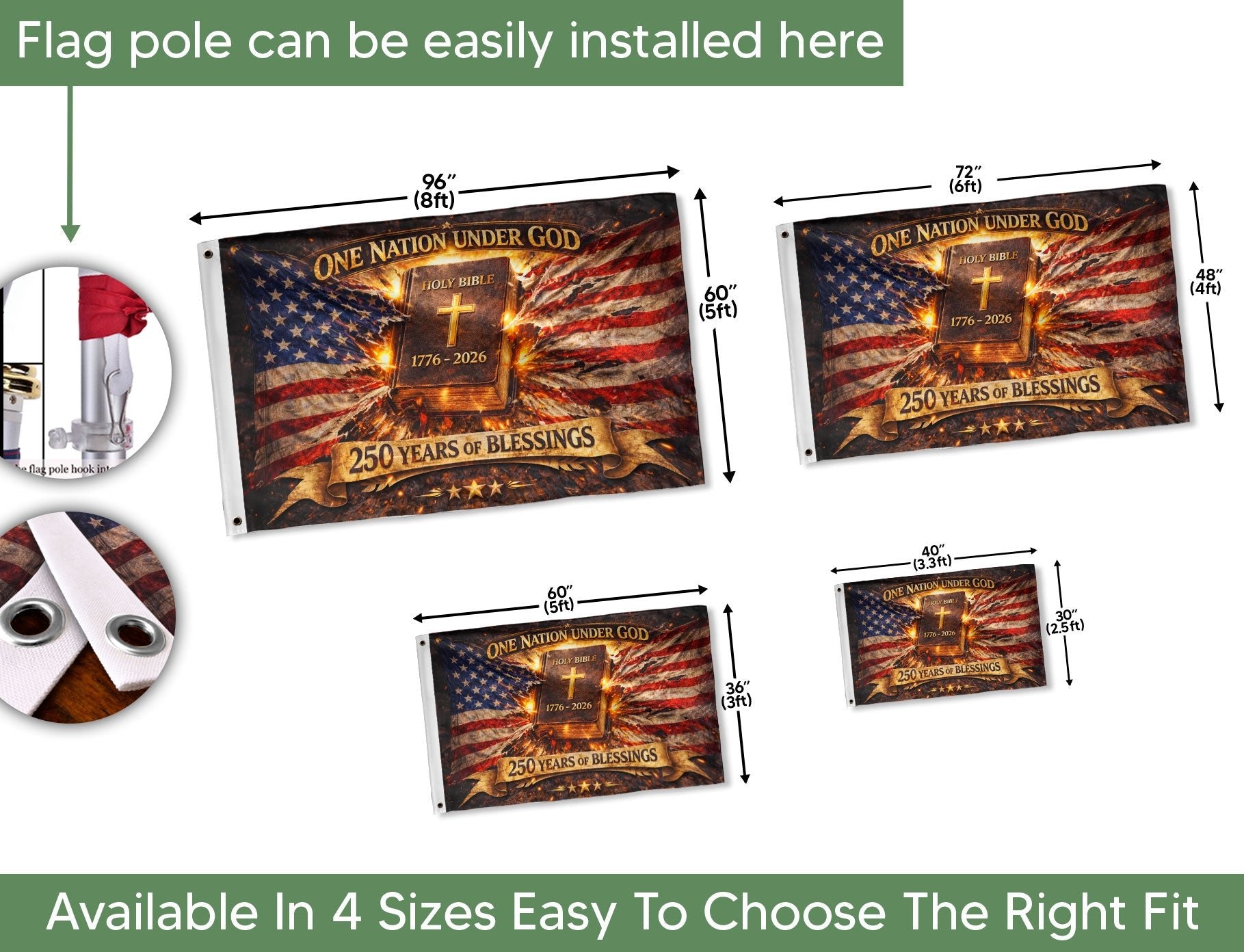 1776-2026 One Nation Under God 250th Anniversary Flag, 250 Years of Blessings & Holy Bible America - Double Sided Christian USA House Flag - Rust Field Wear