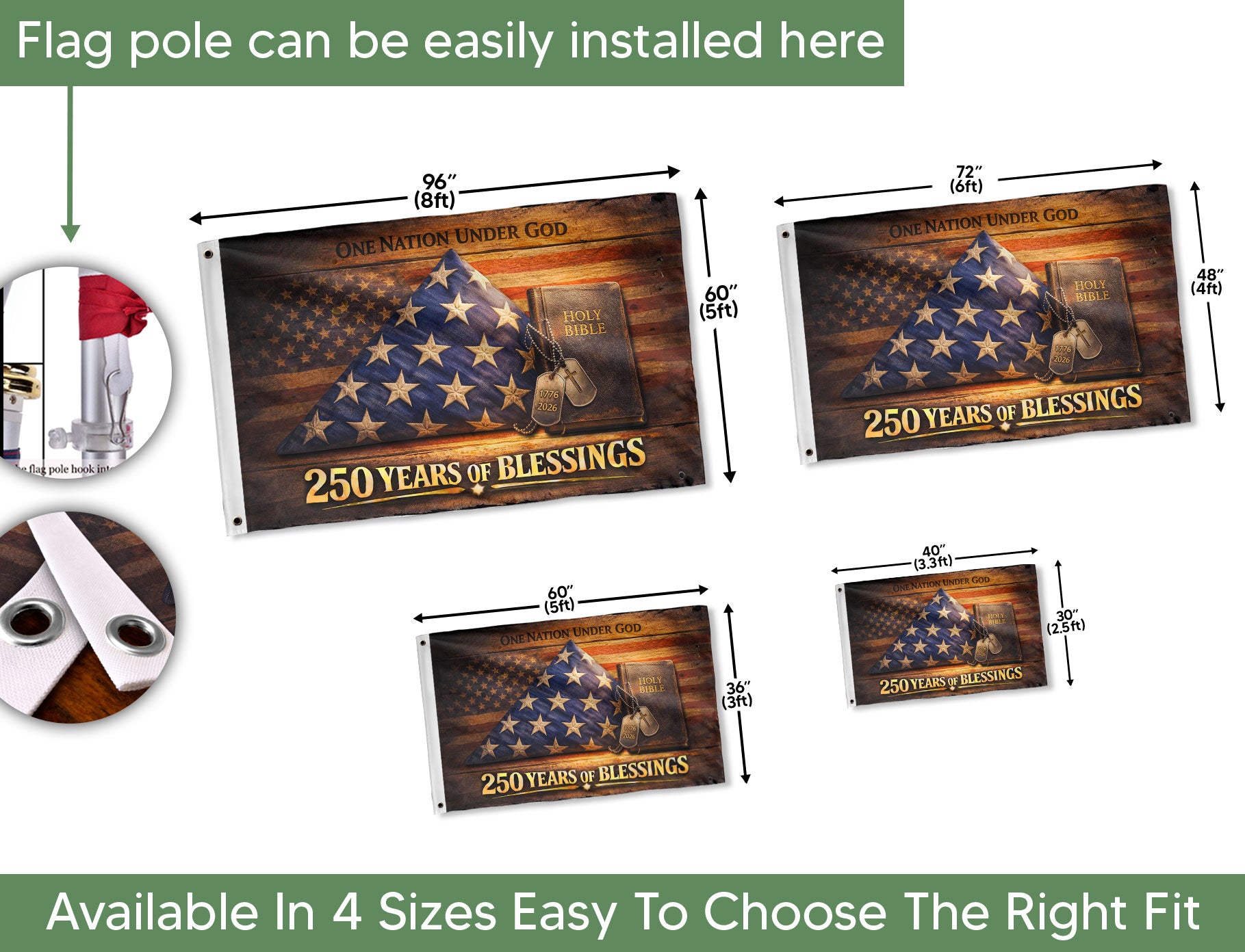 Christian 250 Years America Anniversary Flag, Holy Bible & One Nation Under God 1776-2026 - Double Sided Faith House Banner - Rust Field Wear