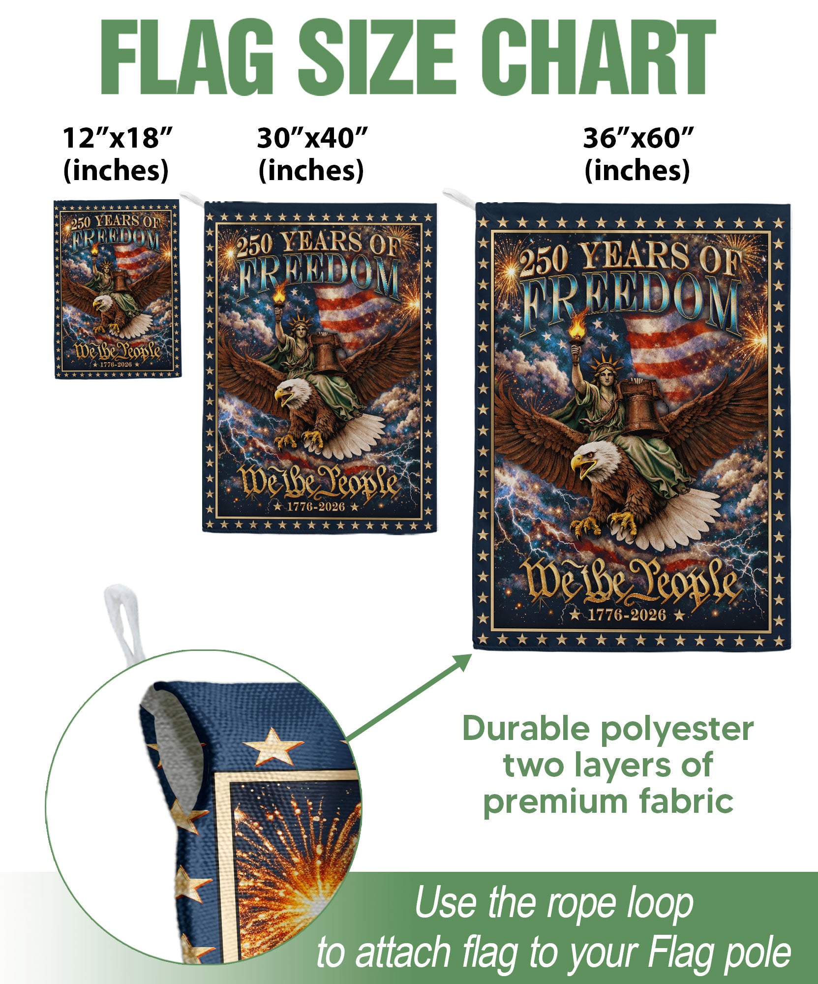 USA 250th Anniversary 1776–2026 House Flag – We The People Statue of Liberty Riding Eagle Double Sided Patriotic Decor