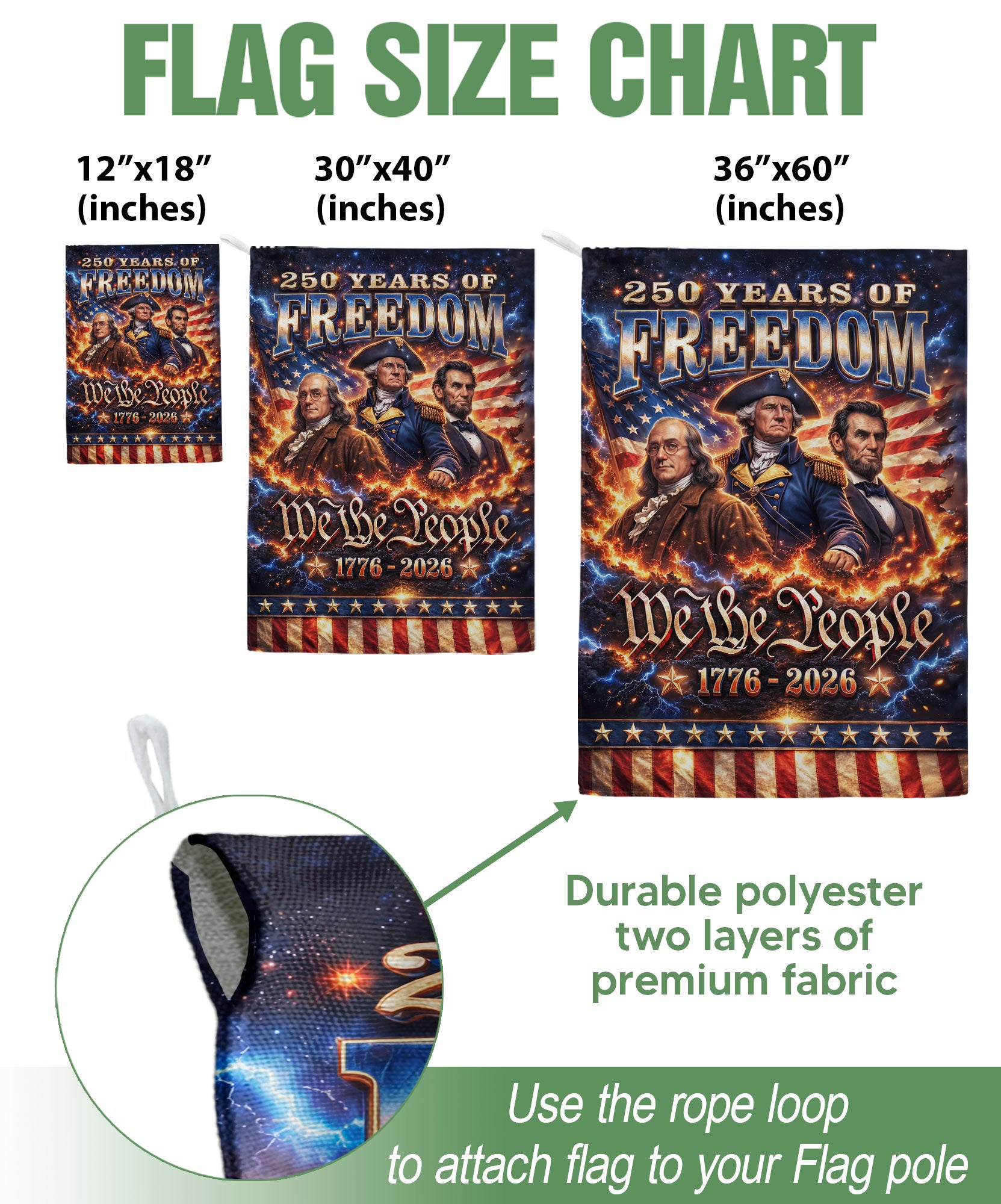 We The People 250 Years of Freedom 1776–2026 House Flag – Washington Lincoln Franklin Double Sided Patriotic Decor