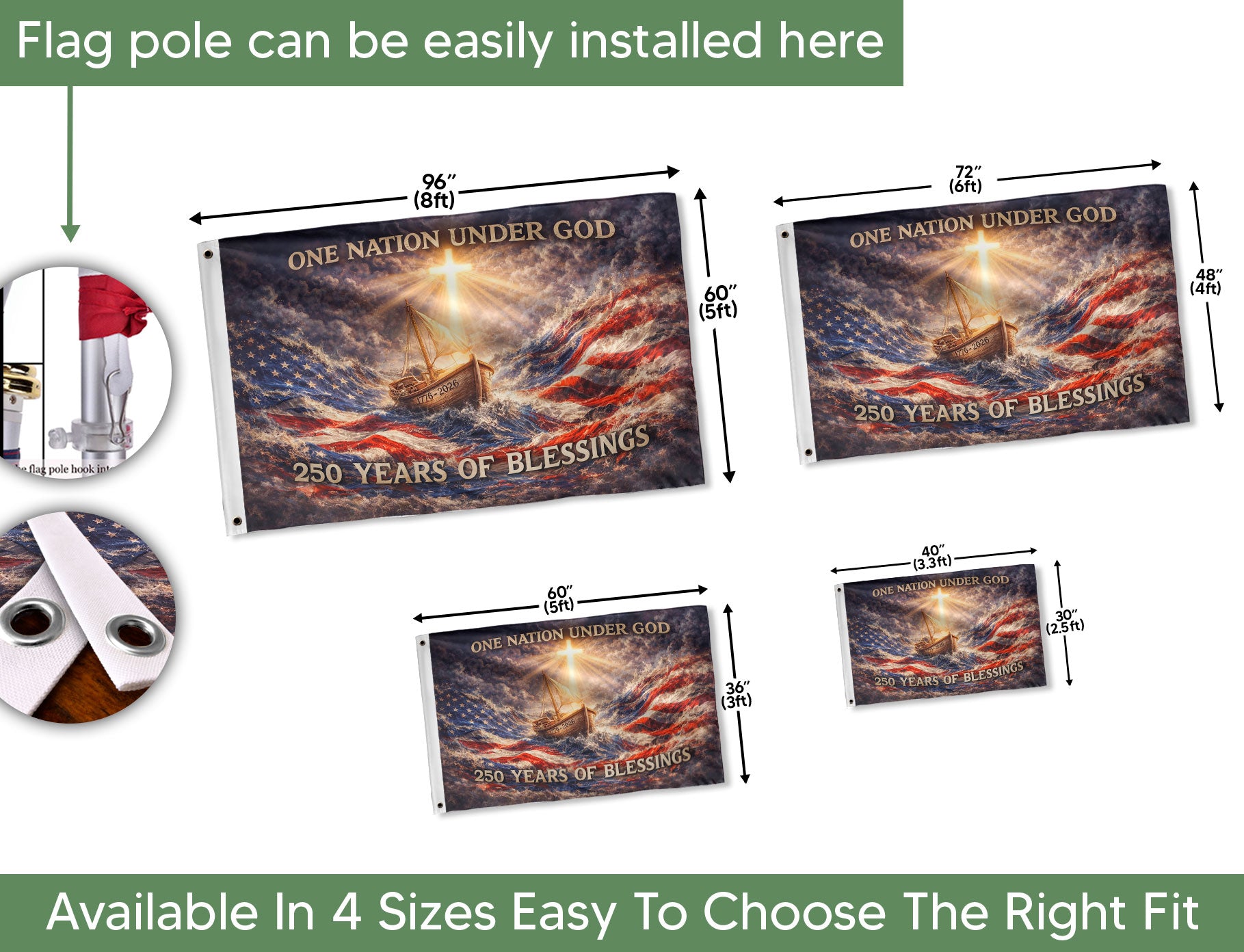 USA 250th Anniversary Flag 1776-2026 – One Nation Under God Sailing Ship 250 Years Double-Sided House Flag - Rust Field Wear