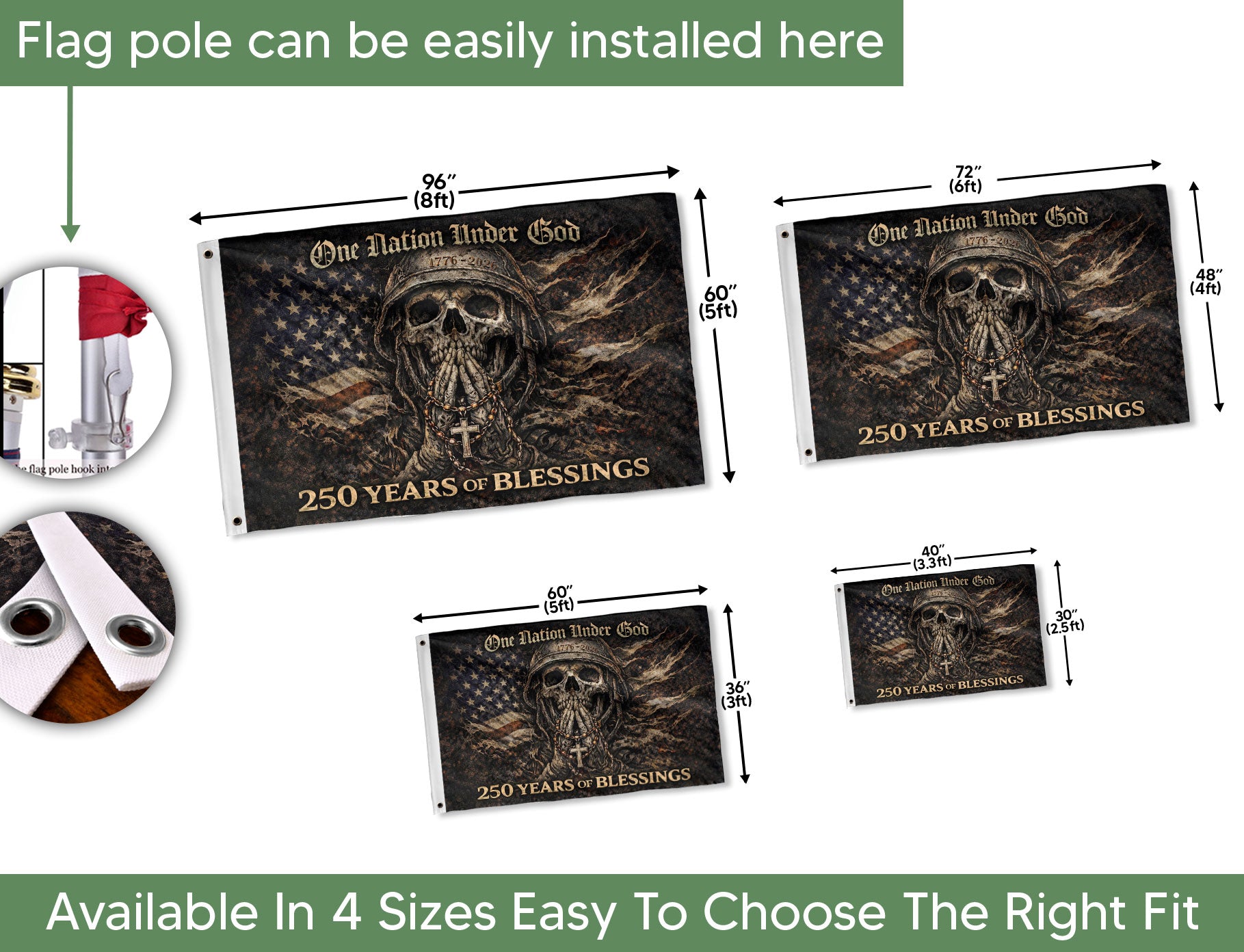 250 Years America Anniversary 1776-2026 Double-Sided Tactical Flag – Spartan Warrior Skull Cross Patriotic House Banner - Rust Field Wear