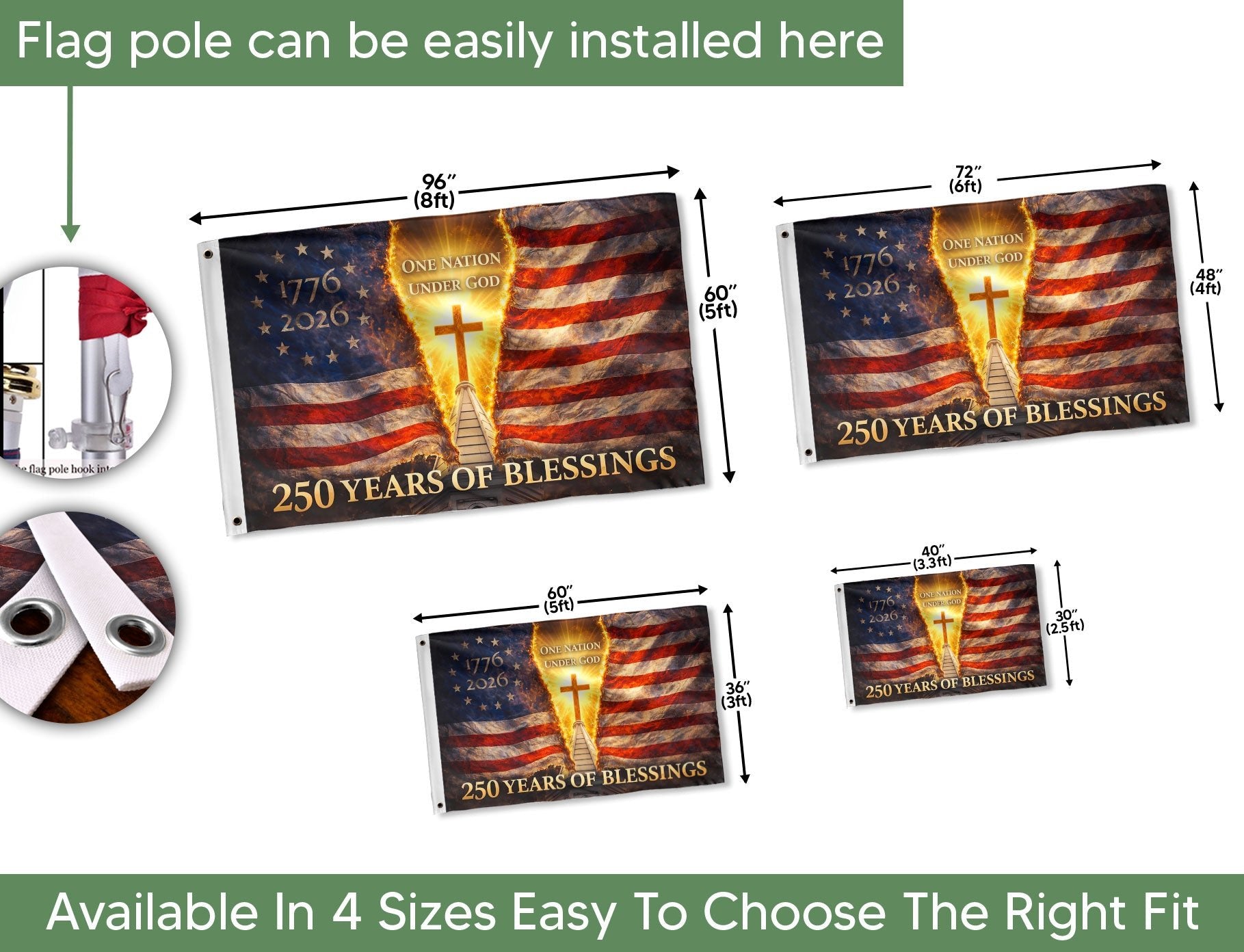 Flag 250 Years of Blessings 1776-2026 - One Nation Under God 250th Anniversary USA Christian Flag, Double Sided Premium House Flag - Rust Field Wear