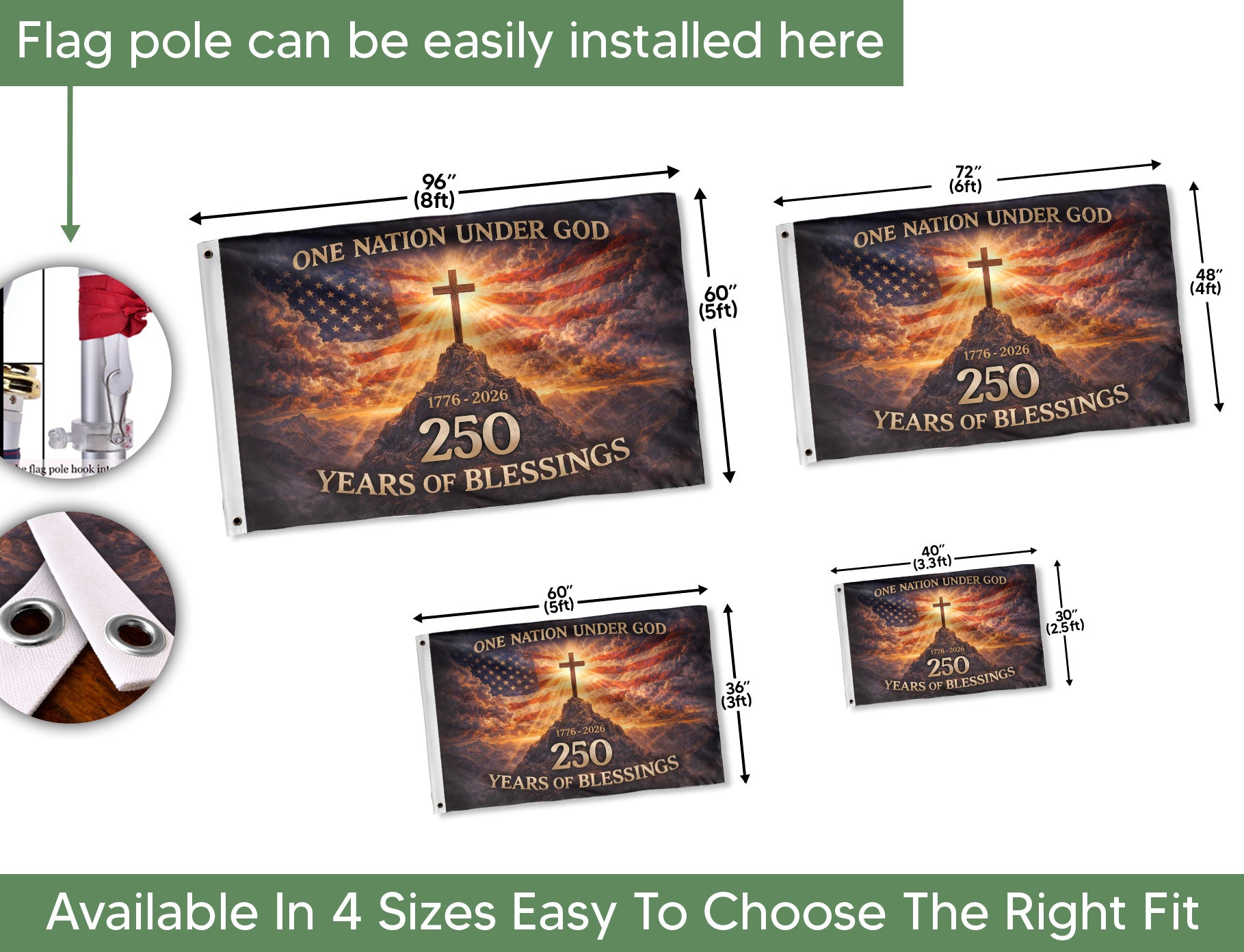 USA One Nation Under God 1776-2026 250th Anniversary Flag - Christian Patriotic 250 Years of Blessings Double-Sided House Flag - Rust Field Wear
