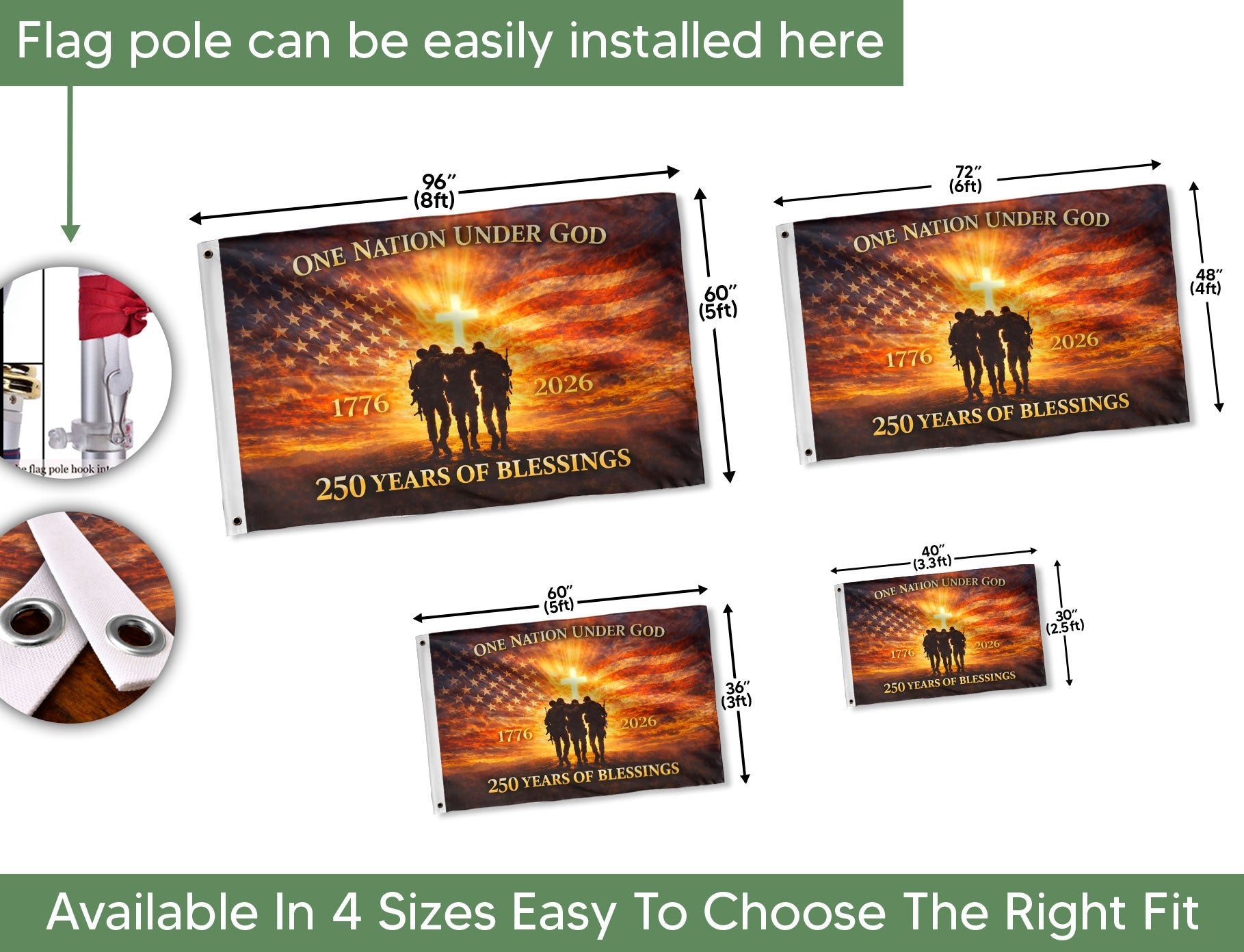 USA 250th Anniversary Flag 1776-2026 – One Nation Under God 250 Years Patriotic Double Sided House Banner - Rust Field Wear