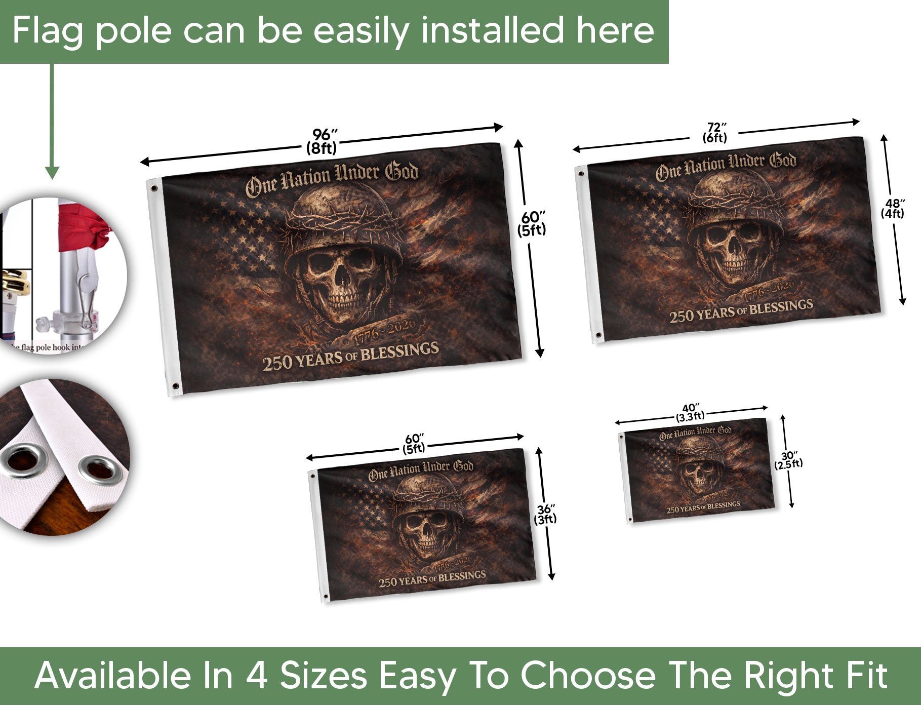 USA 250th Anniversary Flag 1776-2026 – One Nation Under God Skull Design 250 Years Patriotic House Banner - Rust Field Wear