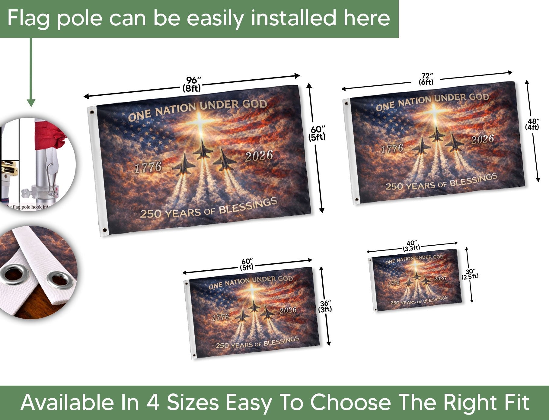 America 250th Anniversary Flag 1776-2026 – One Nation Under God Fighter Jets Cross Double Sided Heavy Banner - Rust Field Wear