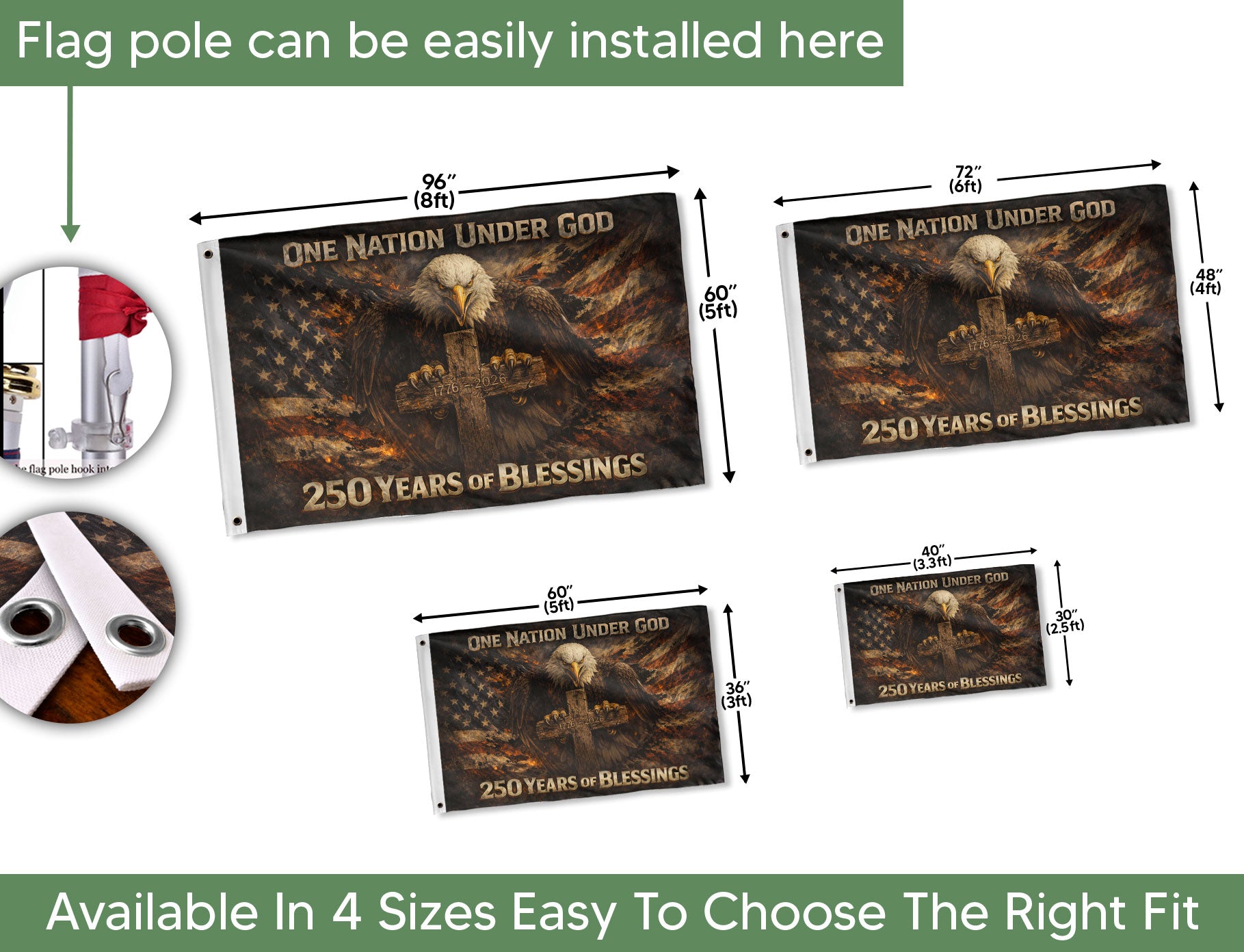 America 250th Anniversary Flag 1776-2026 – One Nation Under God Bald Eagle Cross 250 Years Double-Sided Banner - Rust Field Wear