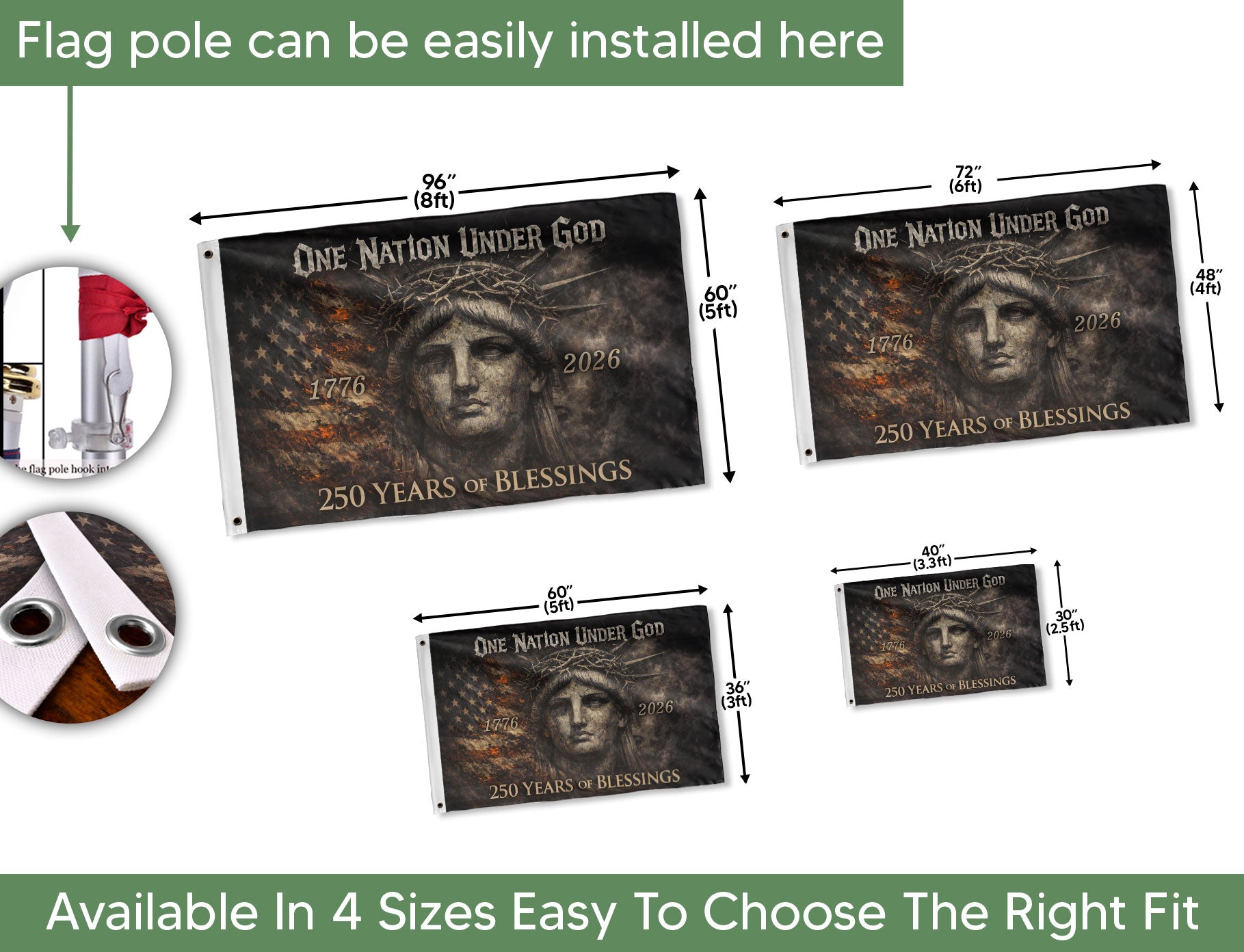 USA 250th Anniversary 1776-2026 Double Sided Flag – Lady Liberty Crown of Thorns One Nation Under God Patriotic Banner - Rust Field Wear