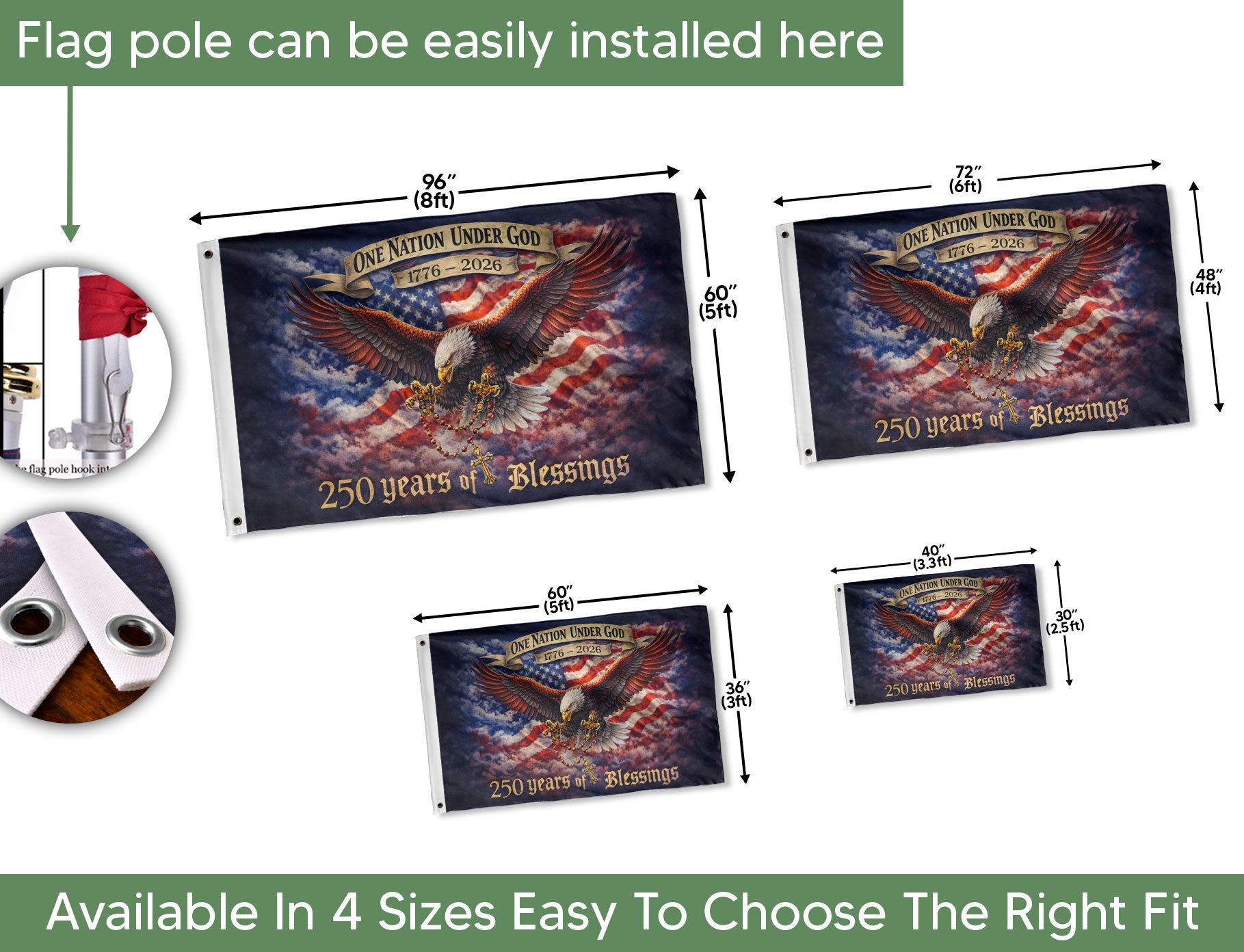 USA 250th Anniversary 1776-2026 Double Sided Flag – Flying Eagle 250 Years of Blessings One Nation Under God Decor - Rust Field Wear