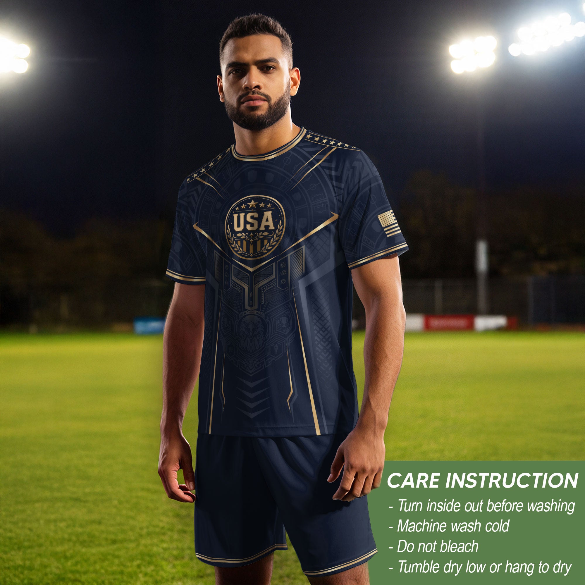 USA Soccer Jersey Navy Gold Eagle Shield Graphic Sports Tee for Soccer Fans