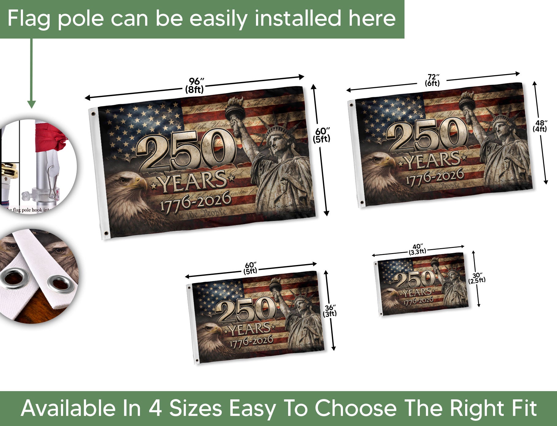 US 250 Years Flag 3x5 ft Statue of Liberty Eagle 1776-2026 Patriotic American Banner - Rust Field Wear