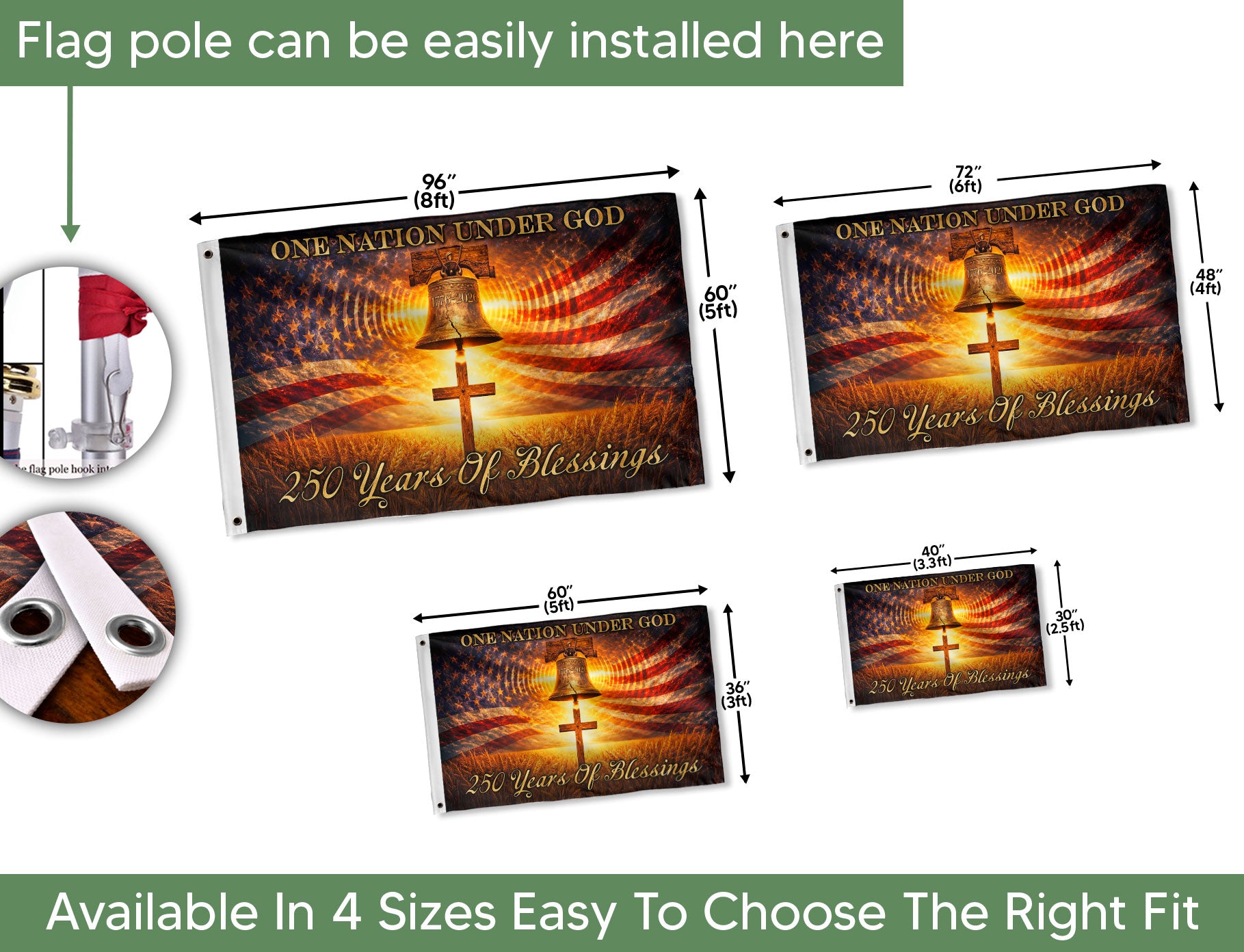 250 Years of Blessings Flag 1776–2026 – Liberty Bell & Cross One Nation Under God Patriotic Banner