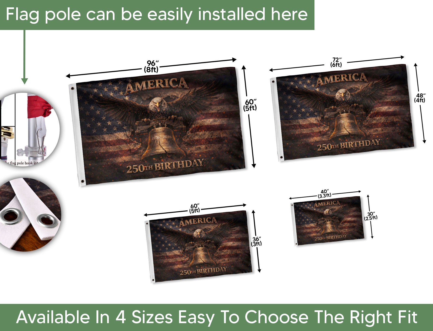 USA 250th Anniversary Eagle Flag 1776–2026 – Liberty Bell Patriotic Double Sided House Flag