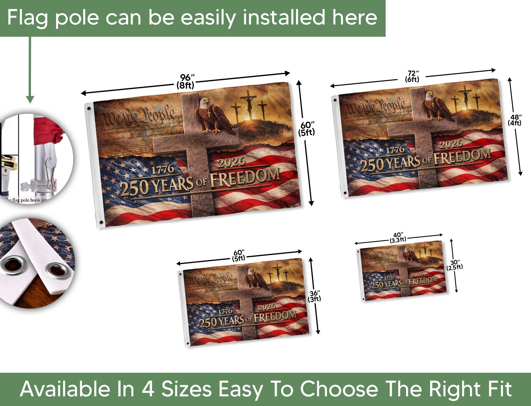 US 250 Years of Freedom Flag 3x5 ft Christian Cross Eagle 1776-2026 Patriotic Banner - Rust Field Wear