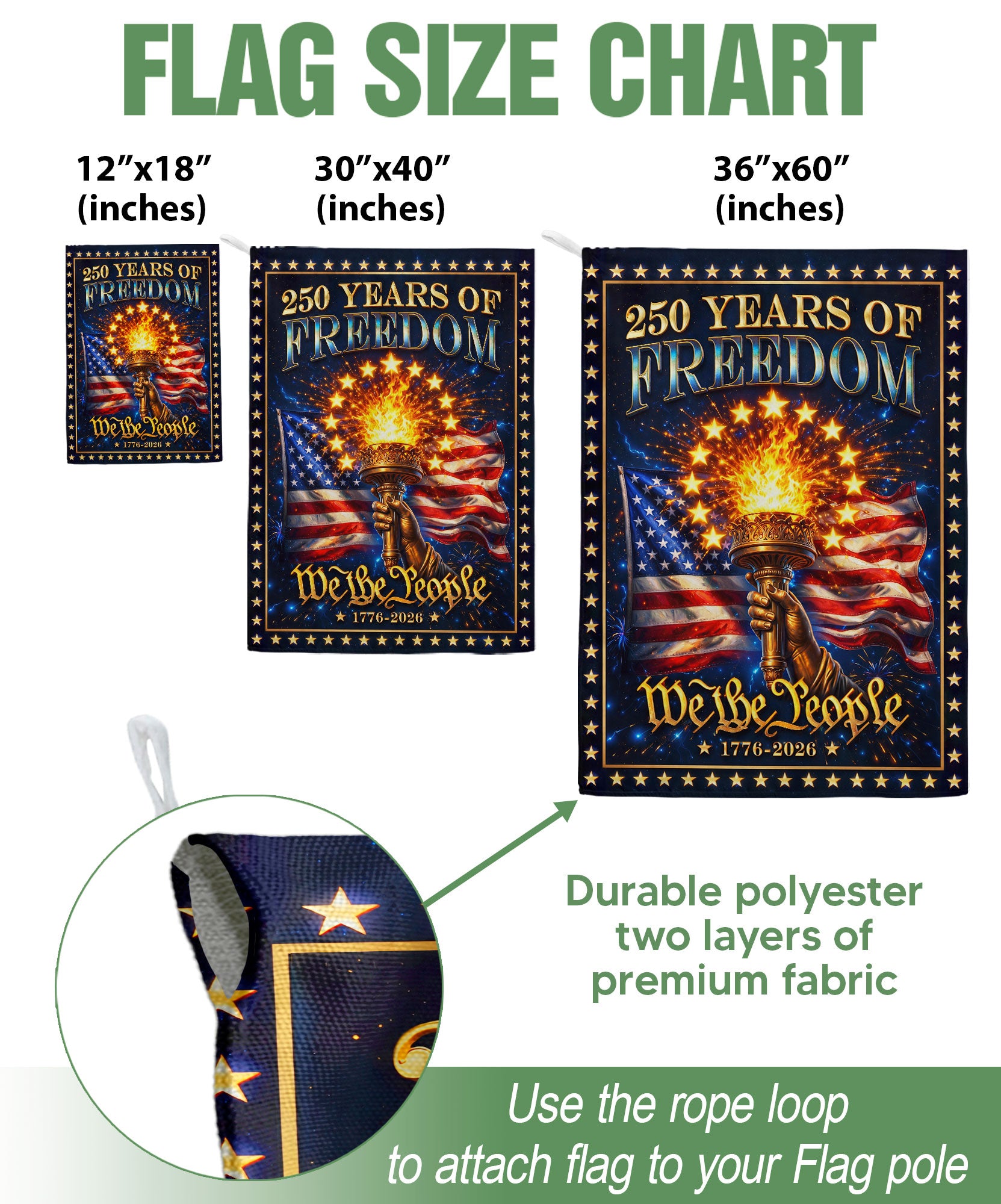 250 Years of Freedom Garden Flag We The People Torch Patriotic 1776 2026 Yard Banner