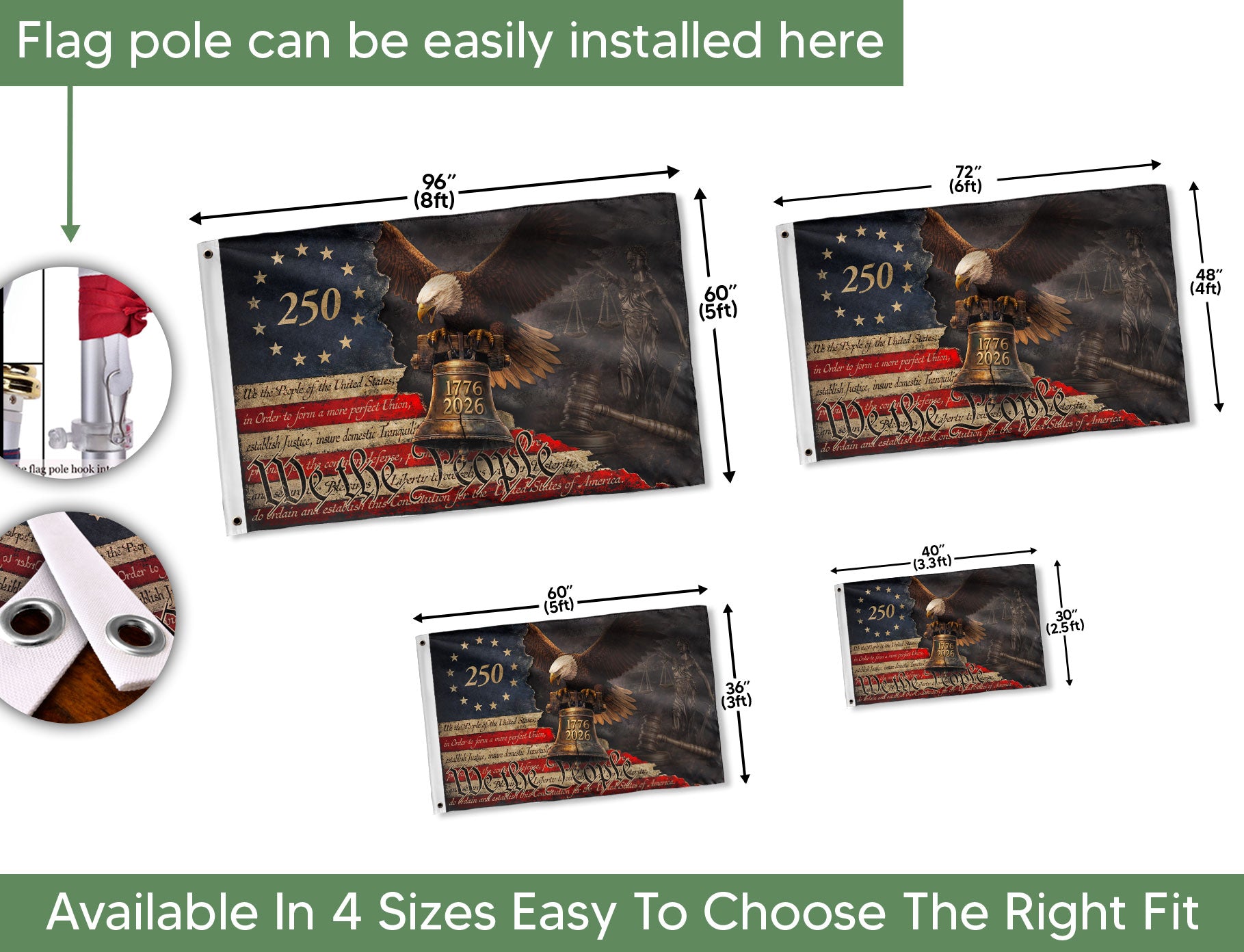 US 250th Anniversary Flag 3x5 ft We The People 1776-2026 Liberty Bell Patriotic Decor - Rust Field Wear