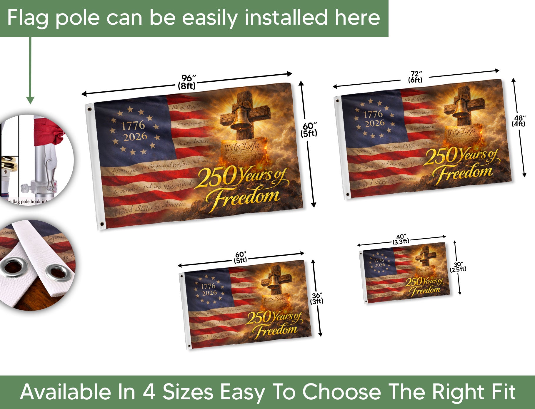 USA 250 Years of Freedom Flag - Liberty Bell & Cross Patriotic Outdoor Banner 1776-2026