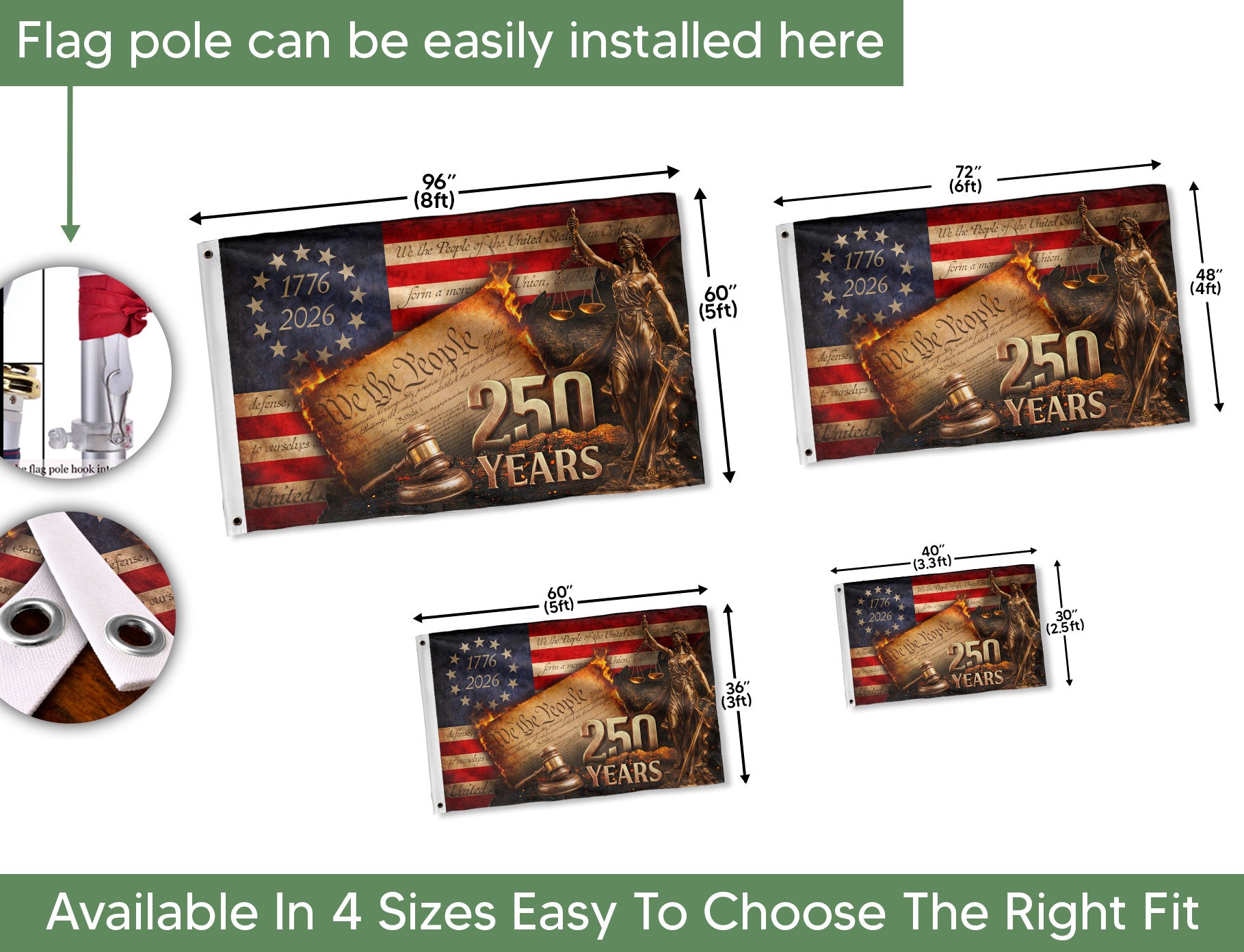 Lady Justice House Flag 1776-2026 We The People 250 Years of Freedom Patriotic Decor - Rust Field Wear