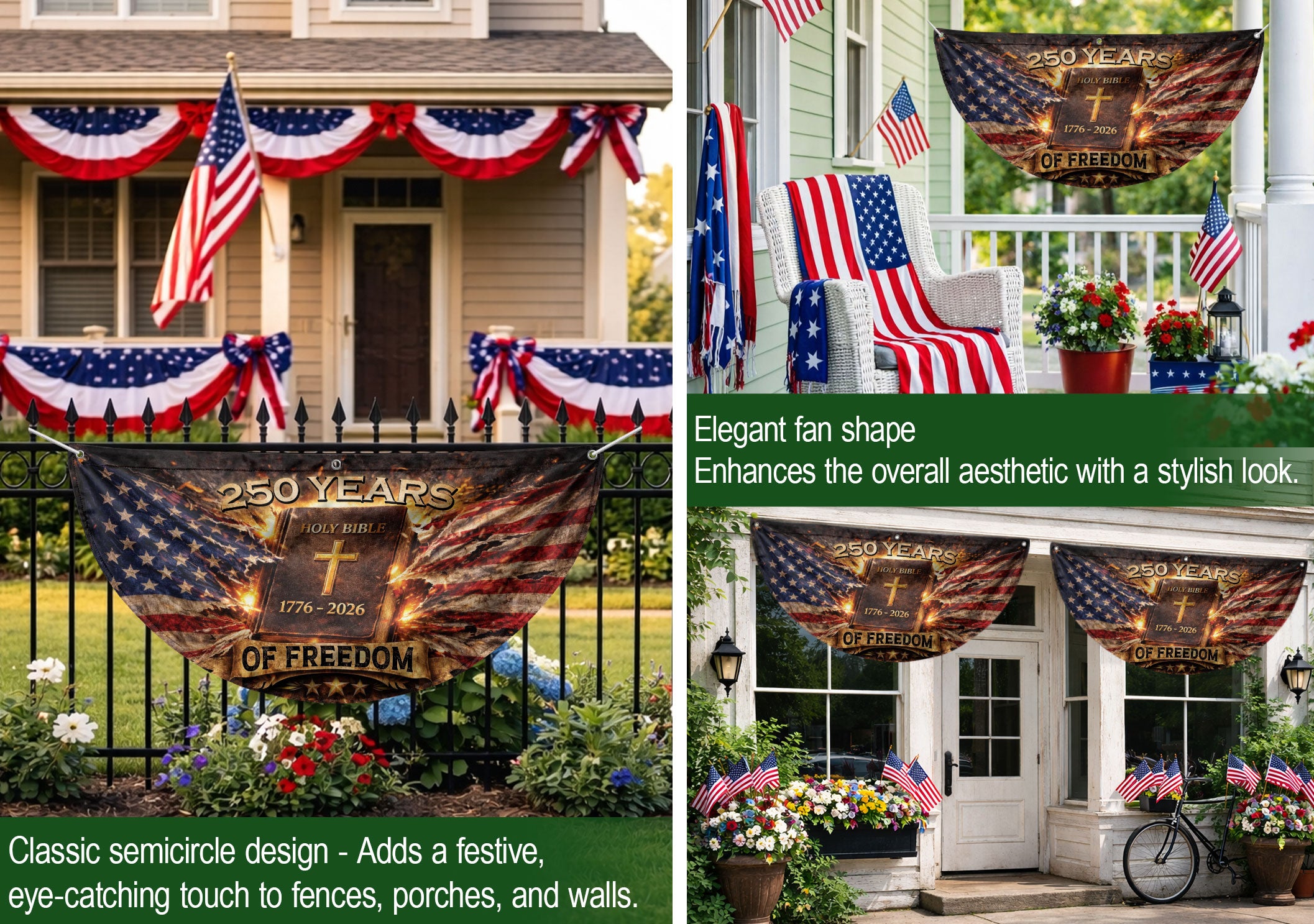 Fence Flag USA 250th Anniversary 1776–2026 Christian Cross Bible Patriotic Banner 250 Year American Freedom Flag