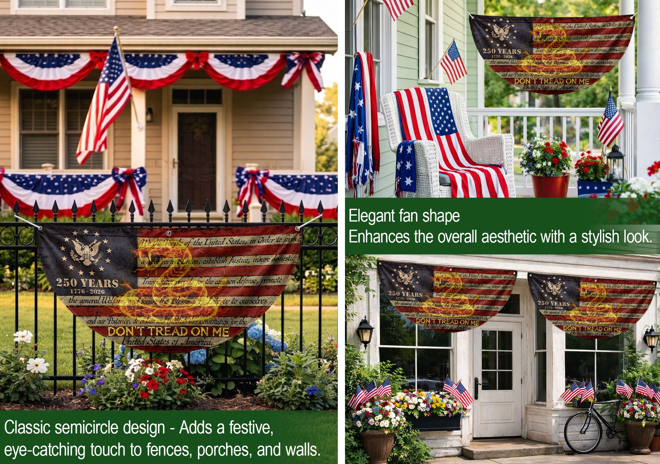 Fence Flag USA 250th Anniversary 1776–2026, Patriotic 250 Year American Flag Banner Decor