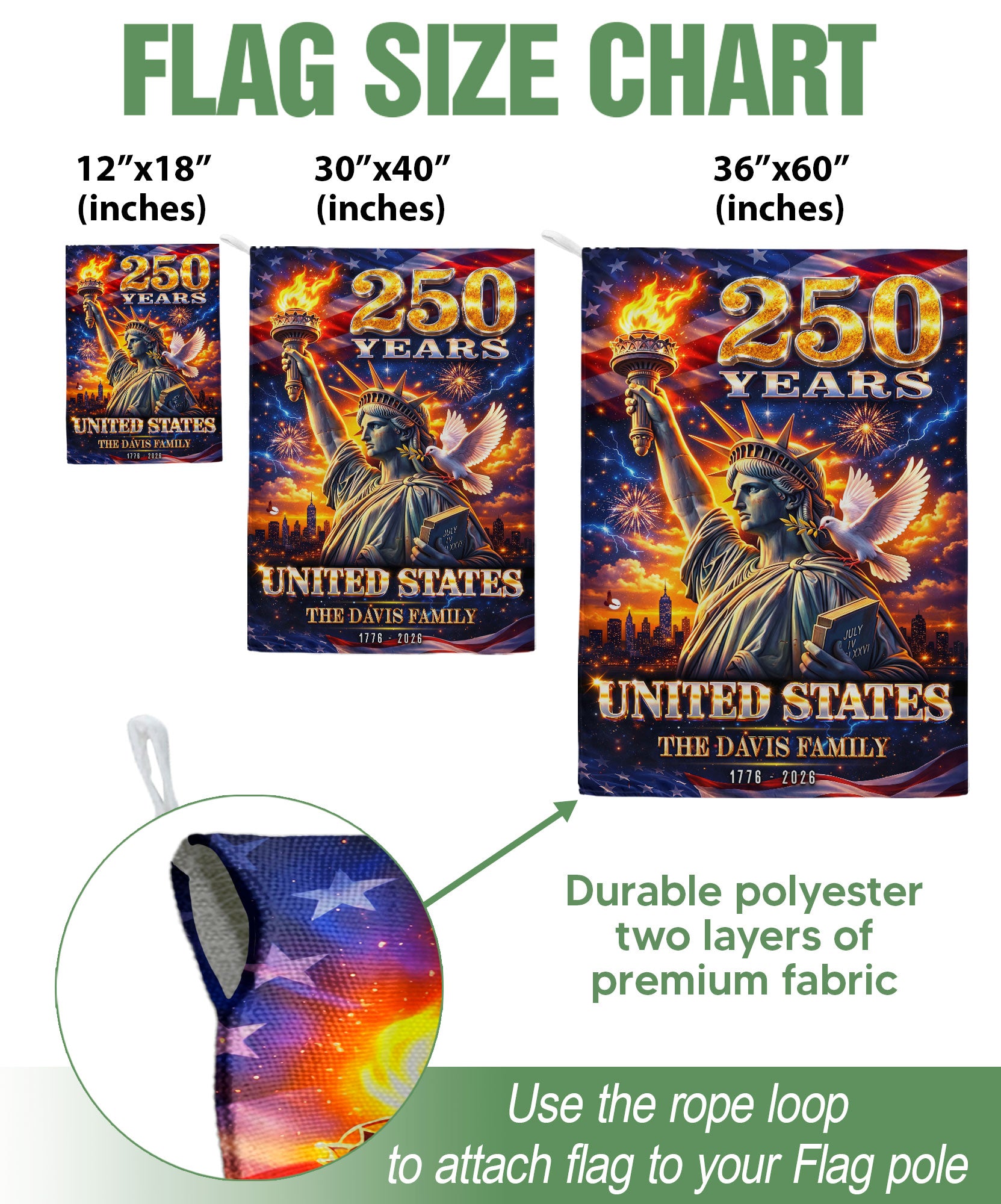 Custom Family Name 250th Anniversary Garden Flag – Statue of Liberty USA 1776-2026