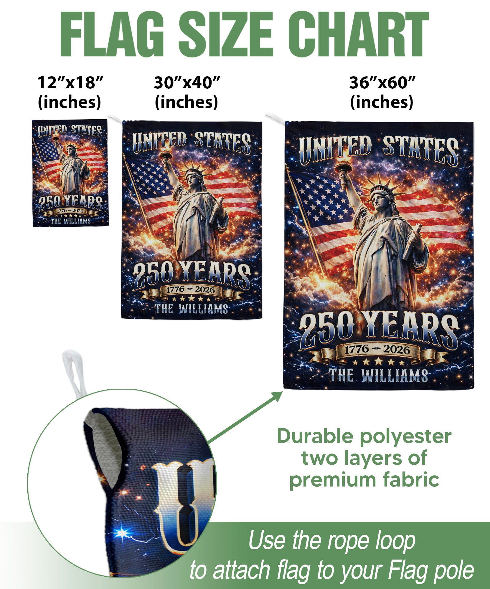 Custom Family Name 250th Anniversary Garden Flag – Statue of Liberty & USA Flag 1776-2026