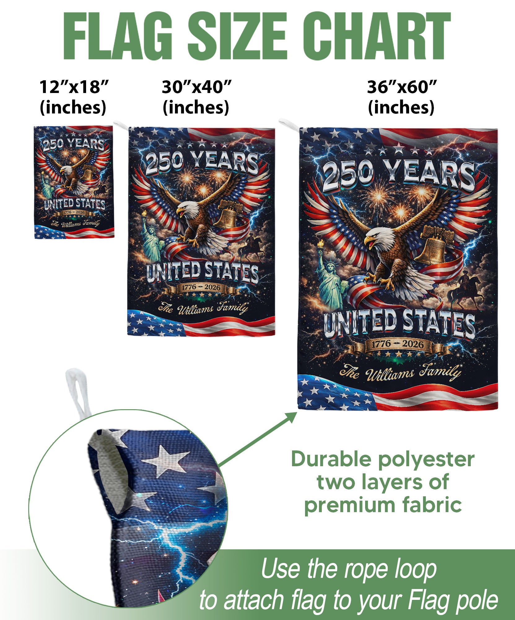 Personalized USA 250th Celebration Garden Flag – Patriotic Eagle, Statue & Fireworks Theme (1776–2026)
