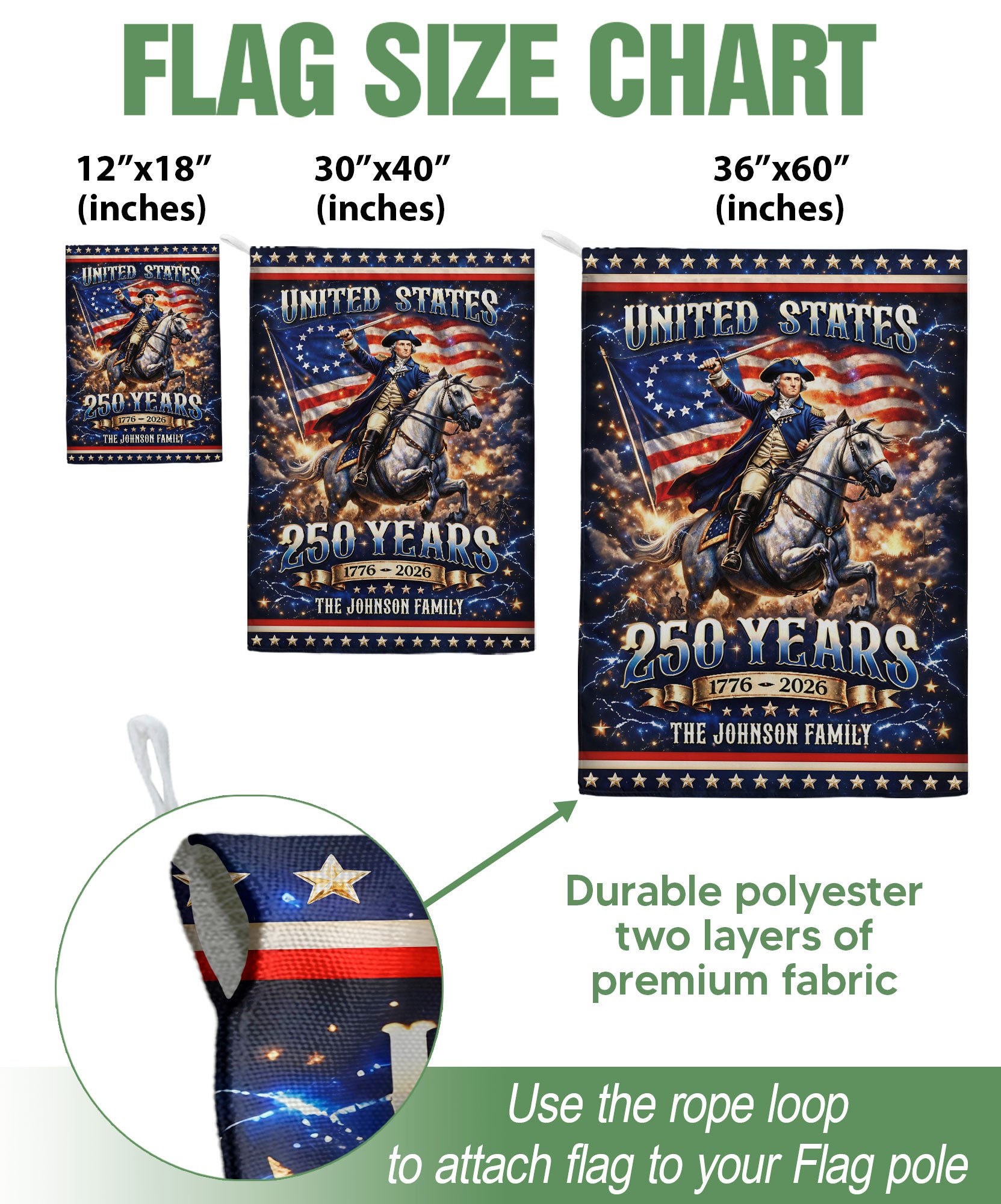 Custom Family Name 250th Anniversary Garden Flag – George Washington & USA Flag 1776-2026