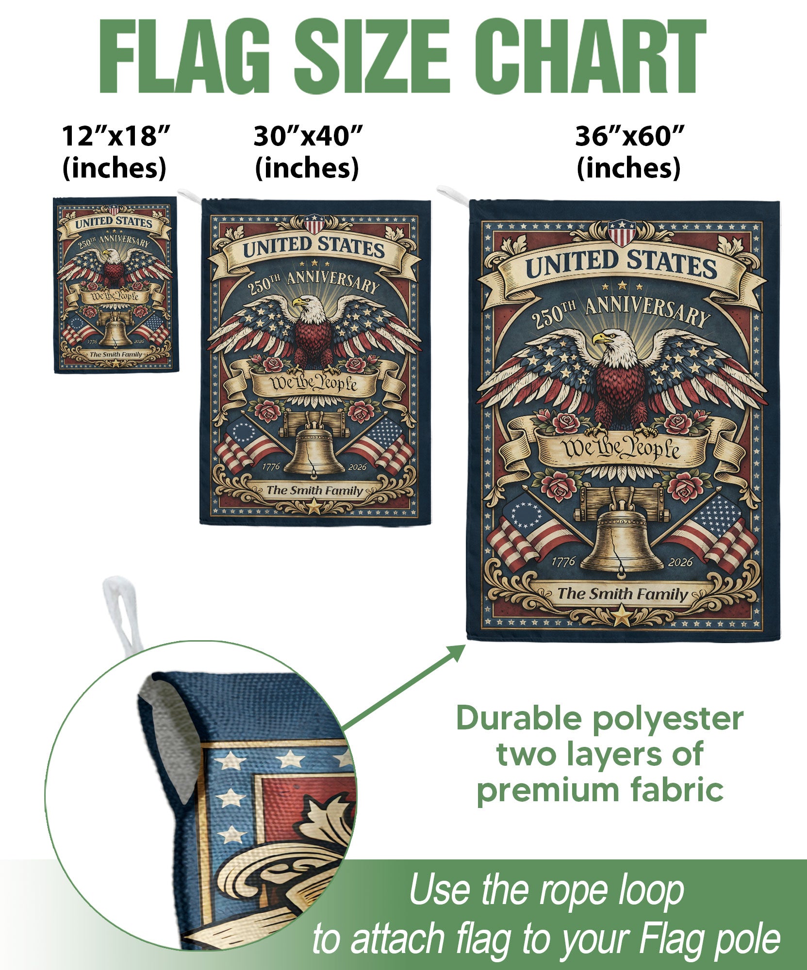 United States 250th Anniversary Garden Flag – Custom Family Name with Eagle, Liberty Bell & 'We the People' 1776-2026