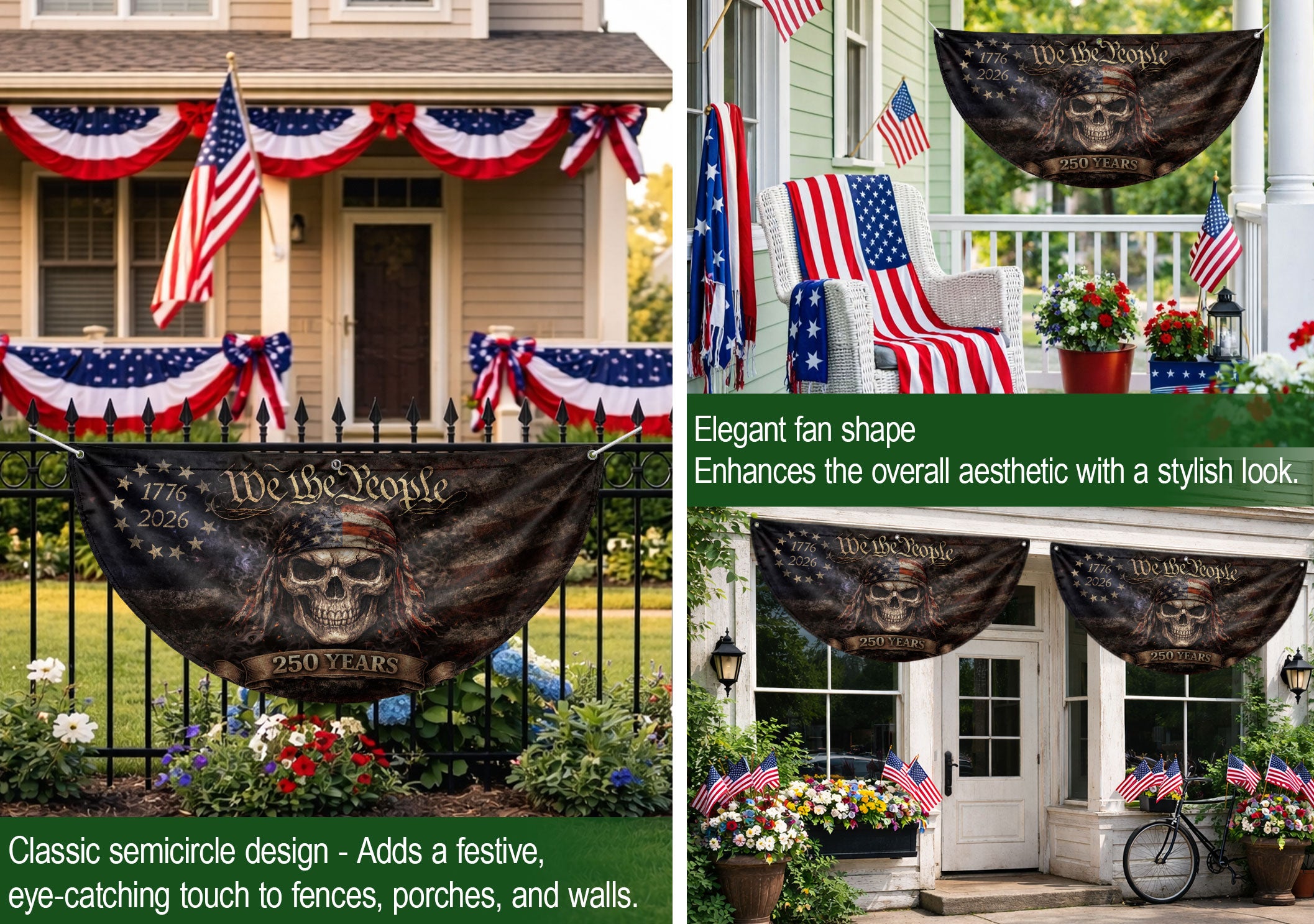 We The People Skull Fence Flag 250 Years 1776-2026 Patriotic Double Sided Banner