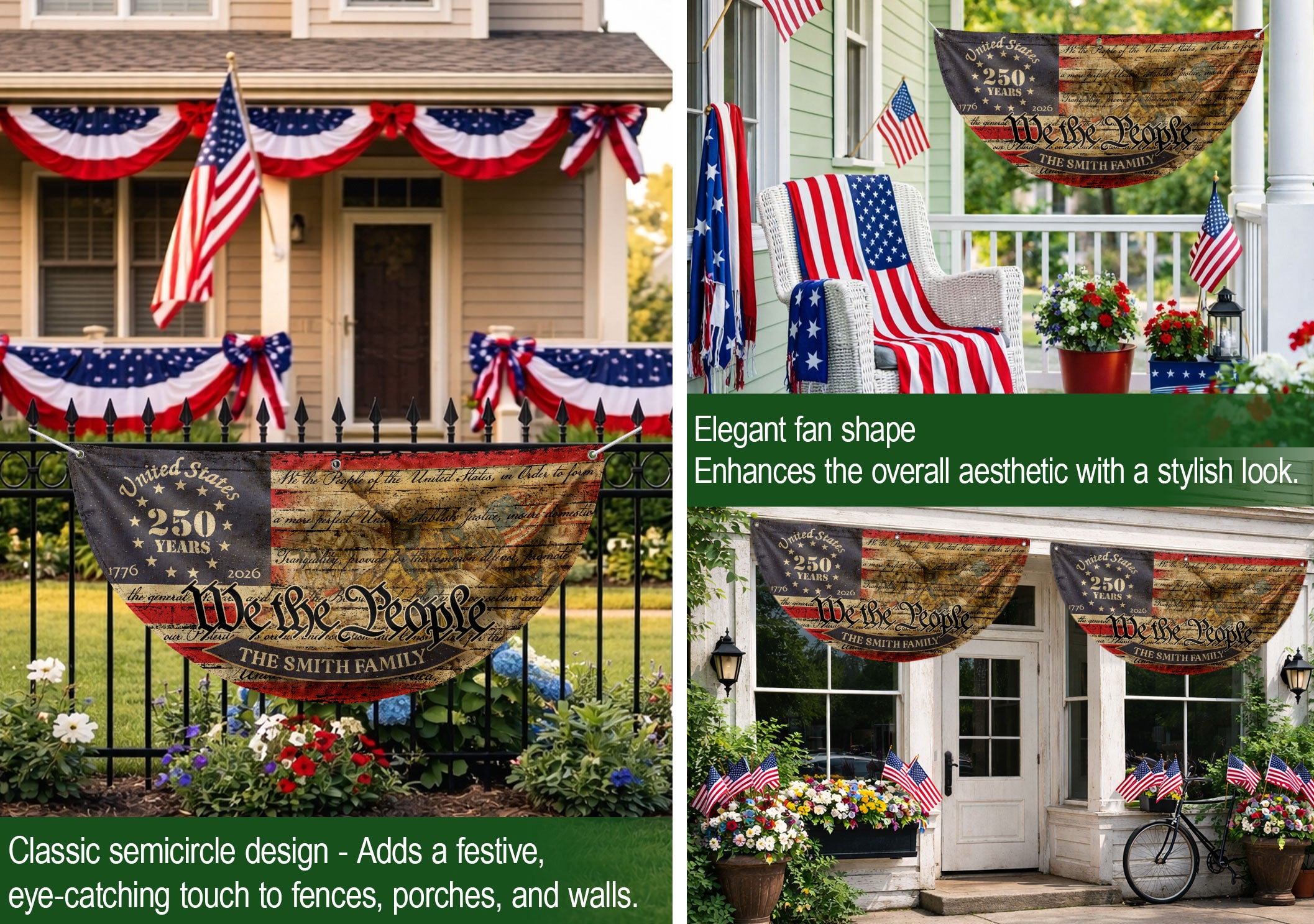 American Flag 250 Year Anniversary Fence Flag Custom Family Name, 250 Anniversary USA Banner, We The People Flag Design