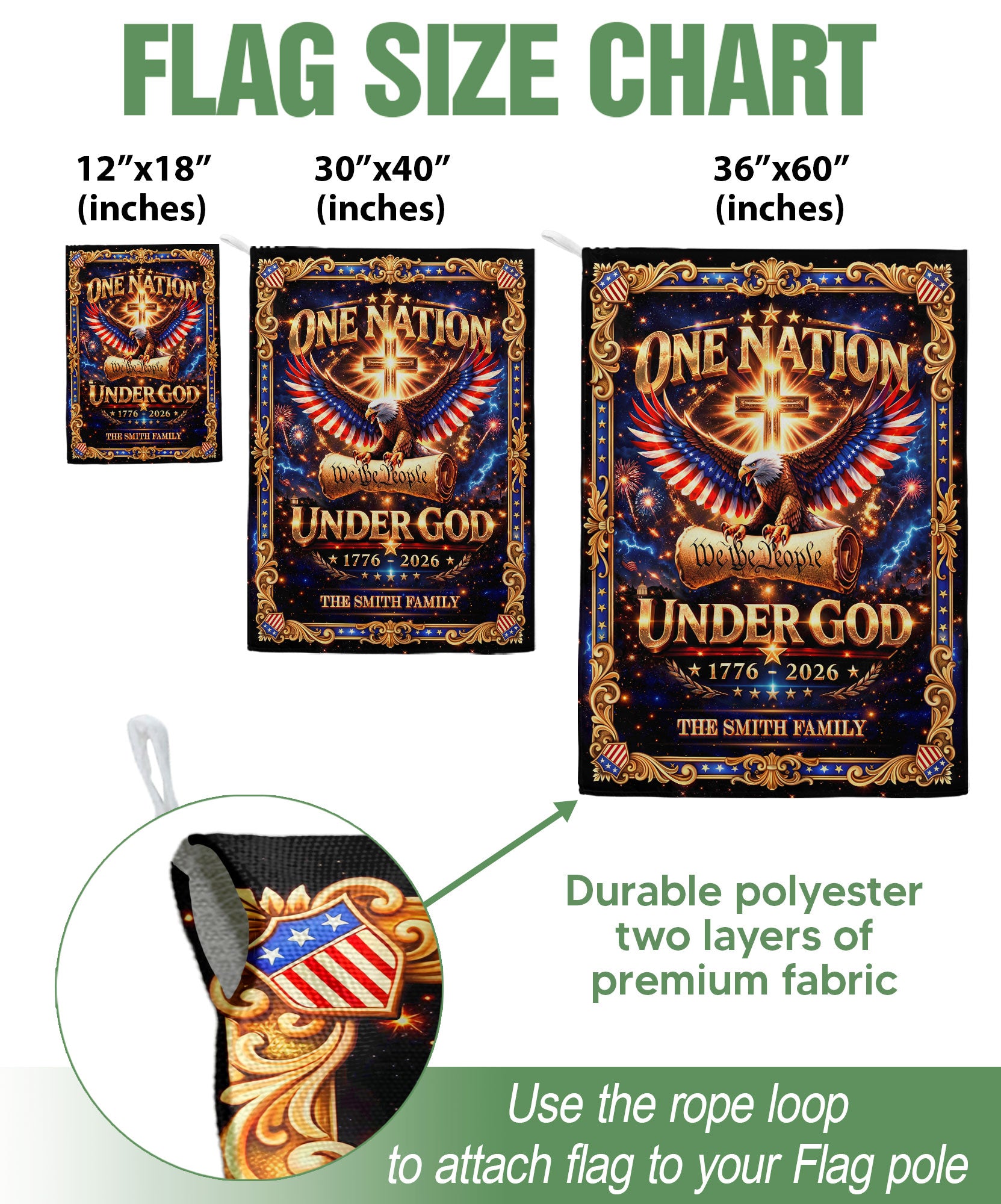 One Nation Under God 250th Anniversary Garden Flag – Custom Family Name with Eagle, Cross & 'We the People' 1776-2026