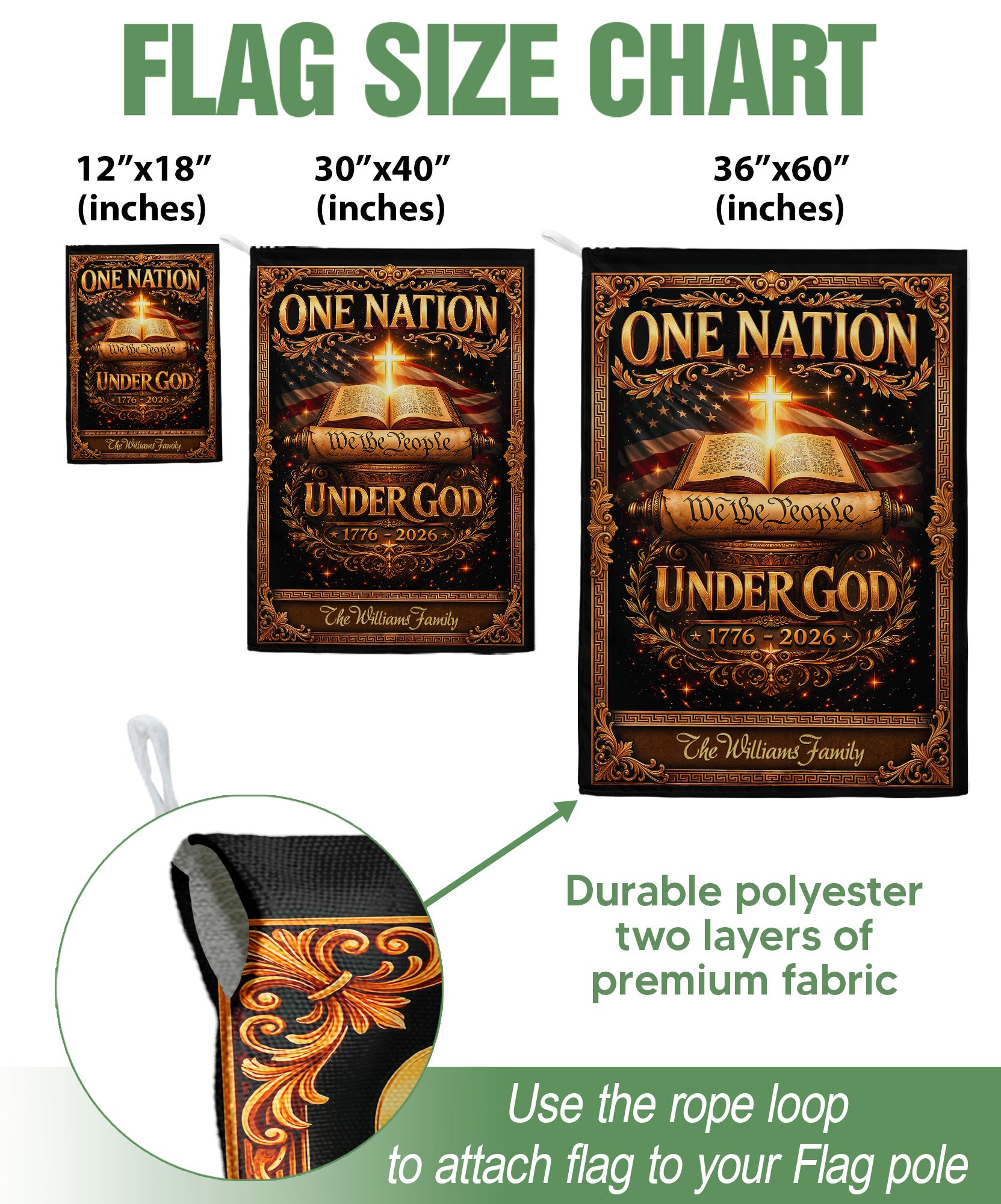 One Nation Under God 250th Anniversary Garden Flag – Custom Family Name with Bible, Cross & 'We the People' 1776-2026