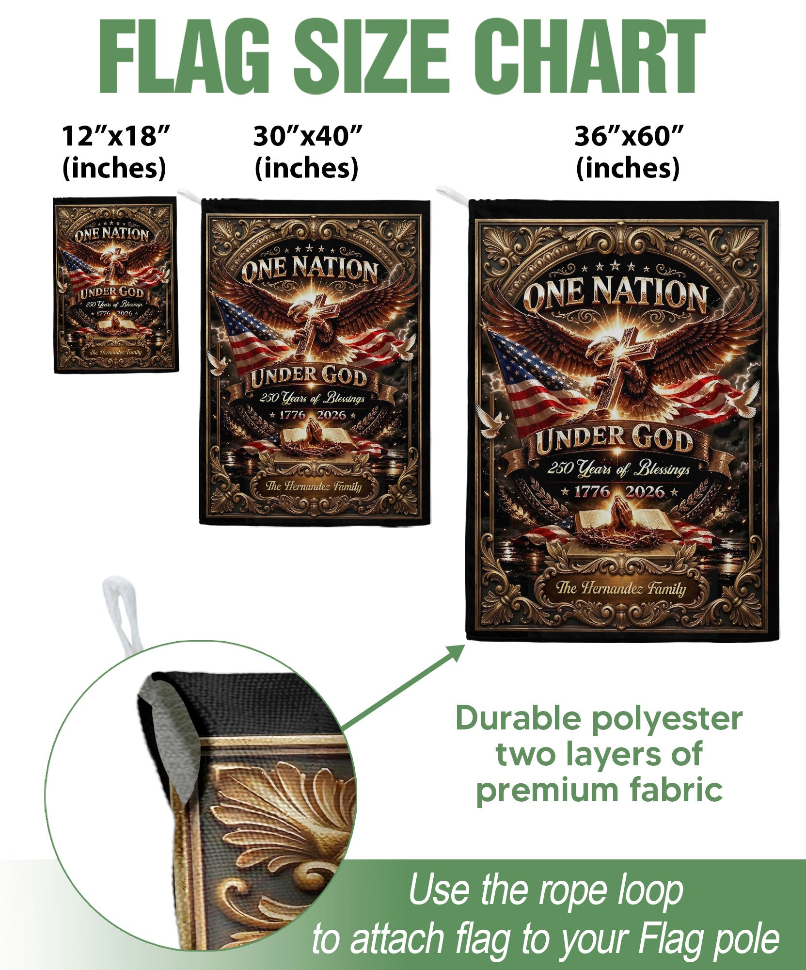 One Nation Under God 250th Anniversary Garden Flag – Custom Family Name with Eagle, Cross & Bible 1776-2026