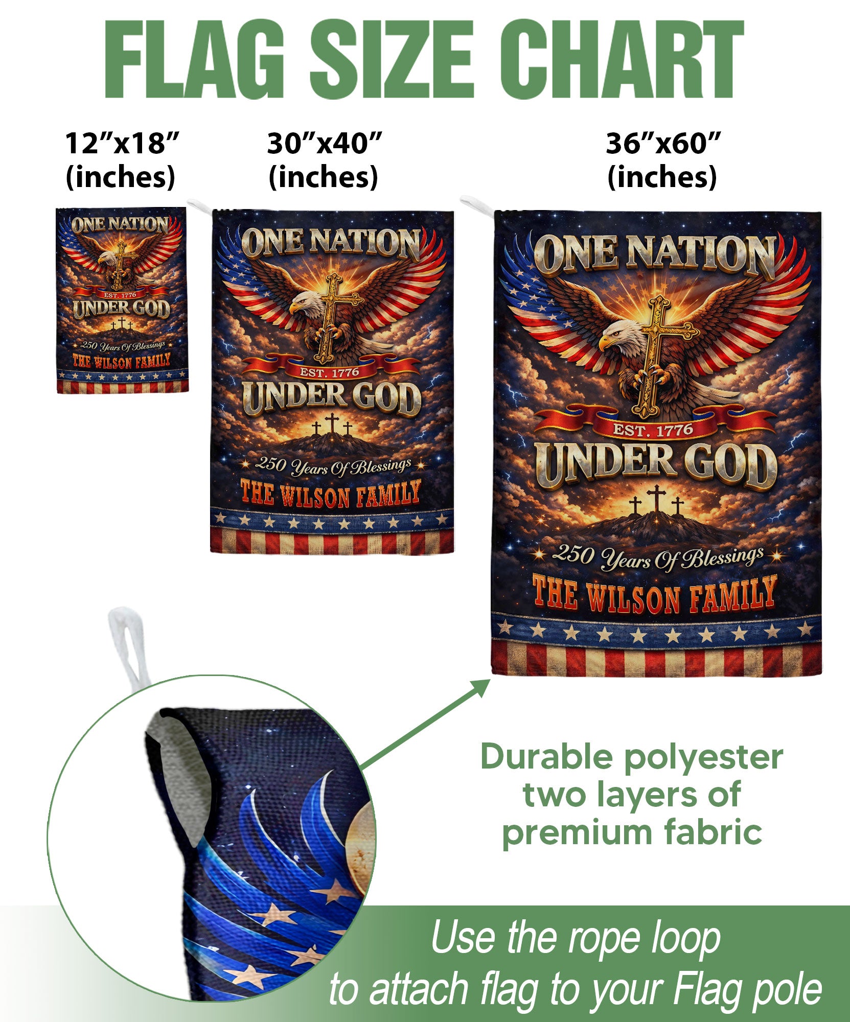 Personalized Patriotic Faith Garden Flag – 250-Year American Celebration with Eagle, Cross & Blessings Theme (1776–2026)