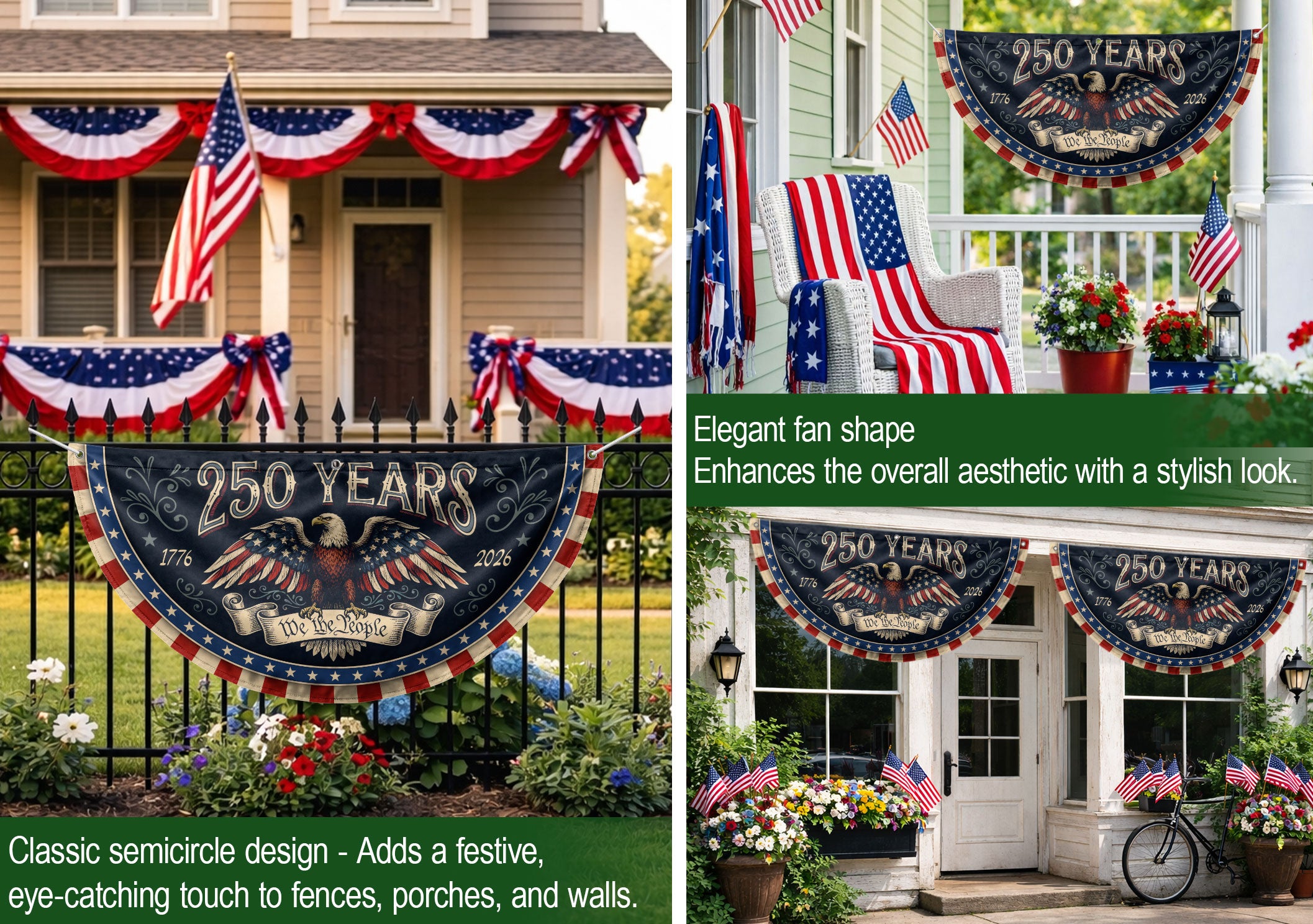 Fence Flag 250 Years of Freedom 1776-2026 Patriotic Eagle Outdoor Porch Railing Banner