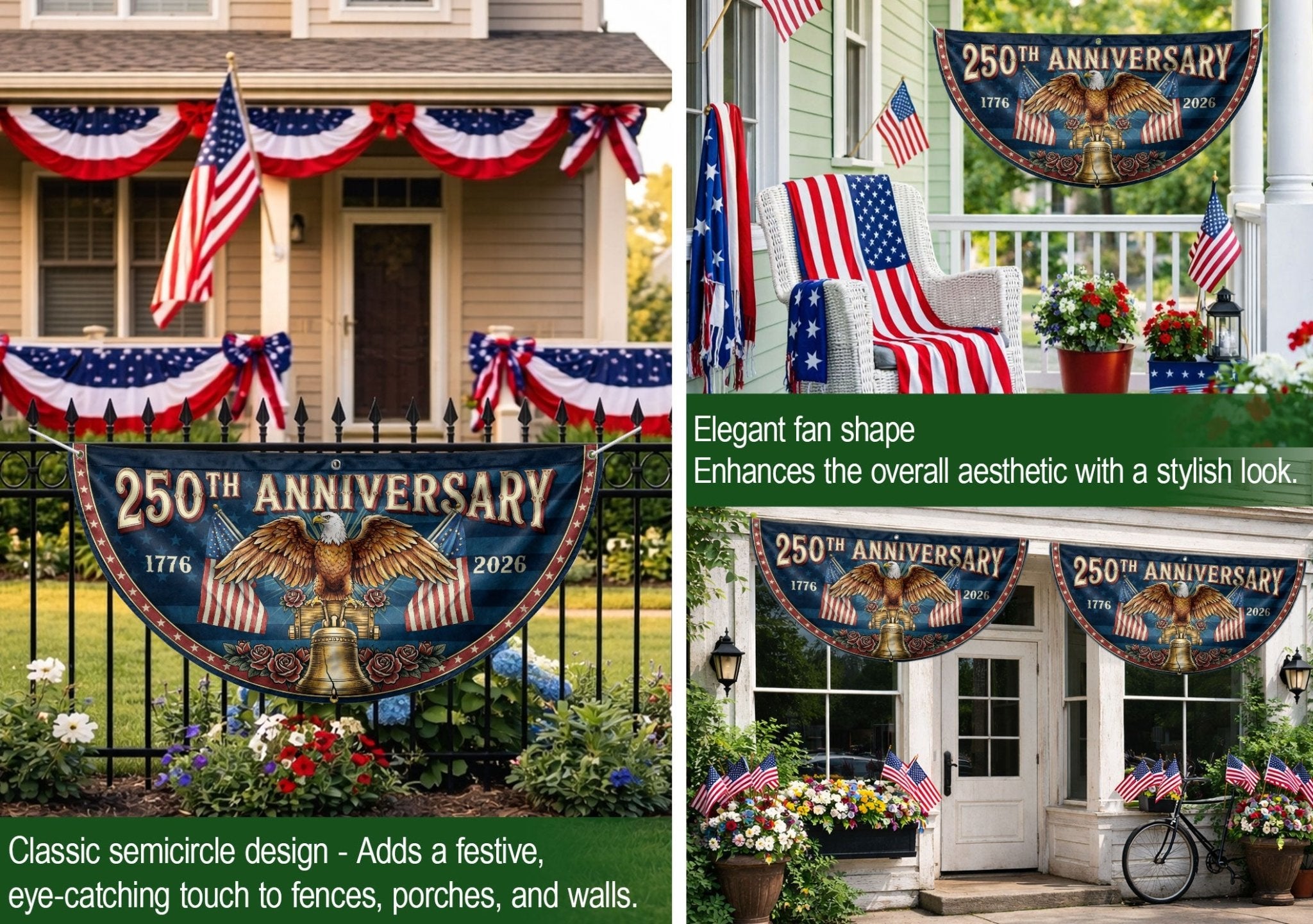 250th Anniversary USA Fence Flag - Patriotic Eagle & Liberty Bell Decoration for 2026 - Rust Field Wear