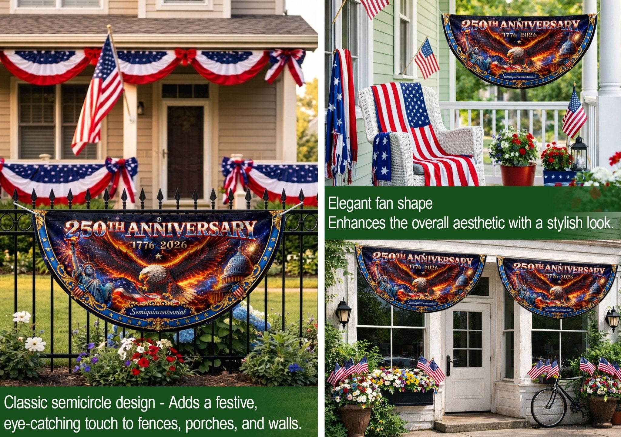 250 Years of Freedom Fence Flag 1776-2026 Patriotic Eagle Statue of Liberty Banner - Rust Field Wear