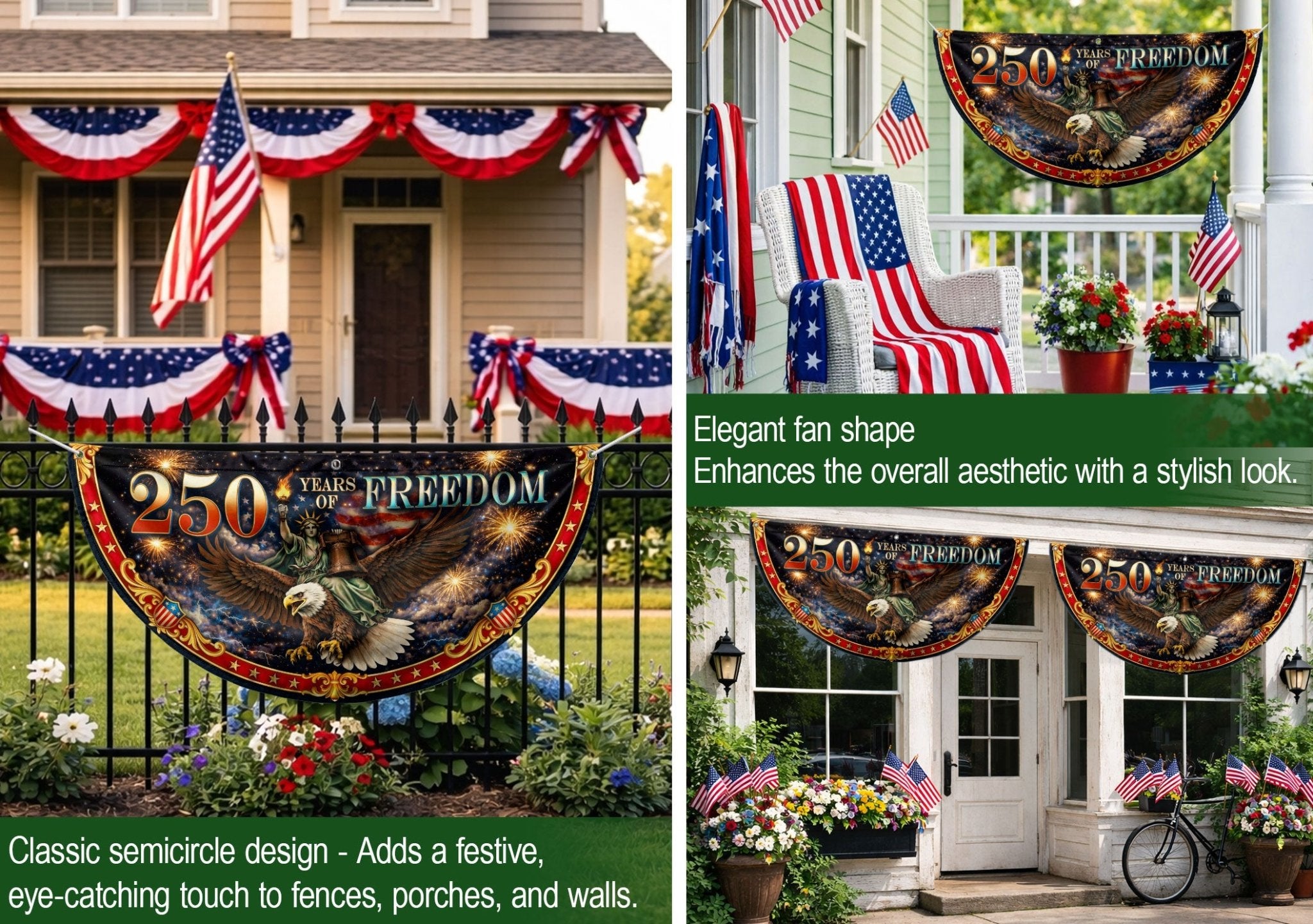 Fence Flag 250 Years of Freedom 1776-2026 Patriotic Eagle Liberty Bell Fireworks Banner - Rust Field Wear