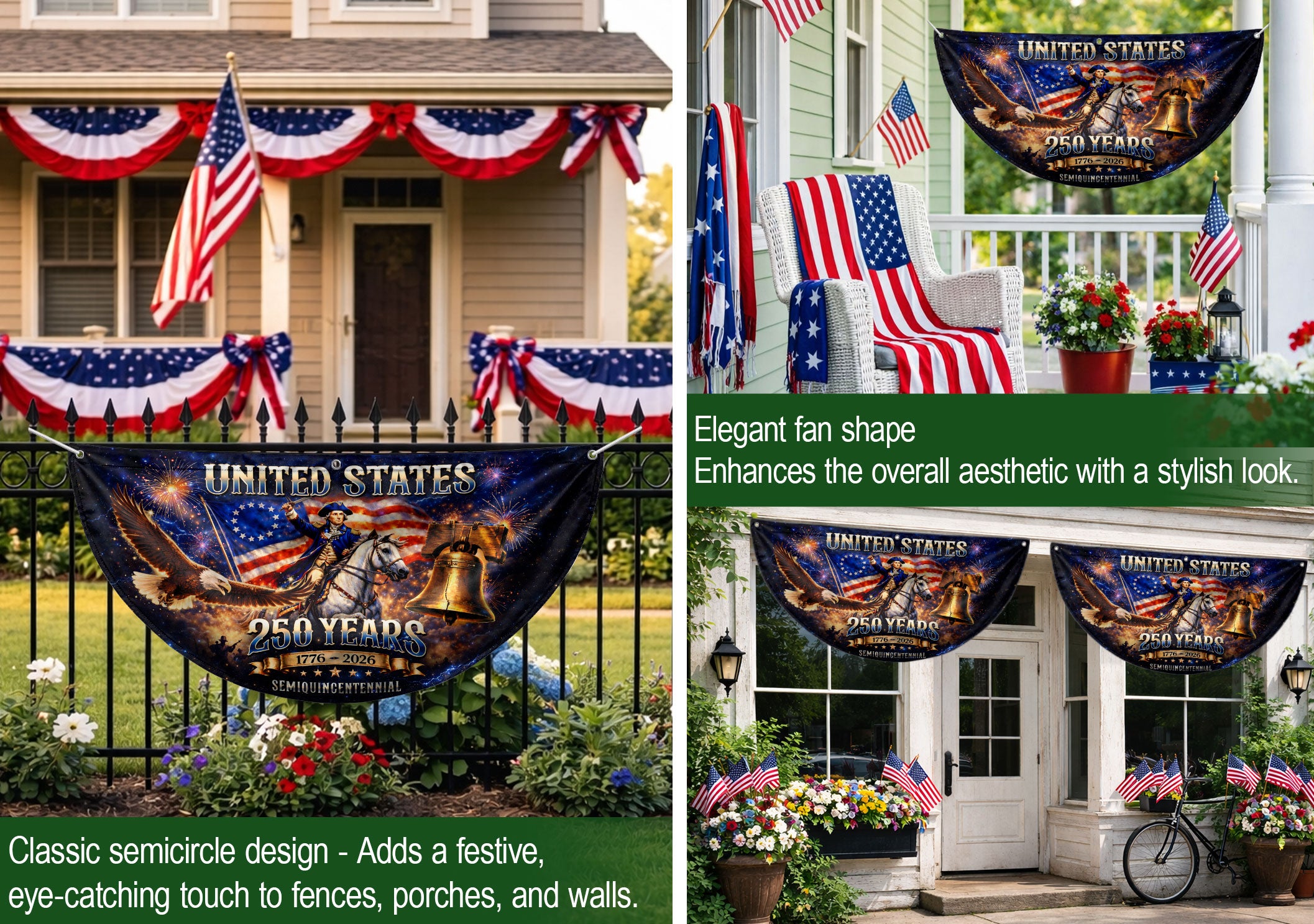 USA 250 Years Fence Flag 1776-2026 George Washington Eagle Patriotic