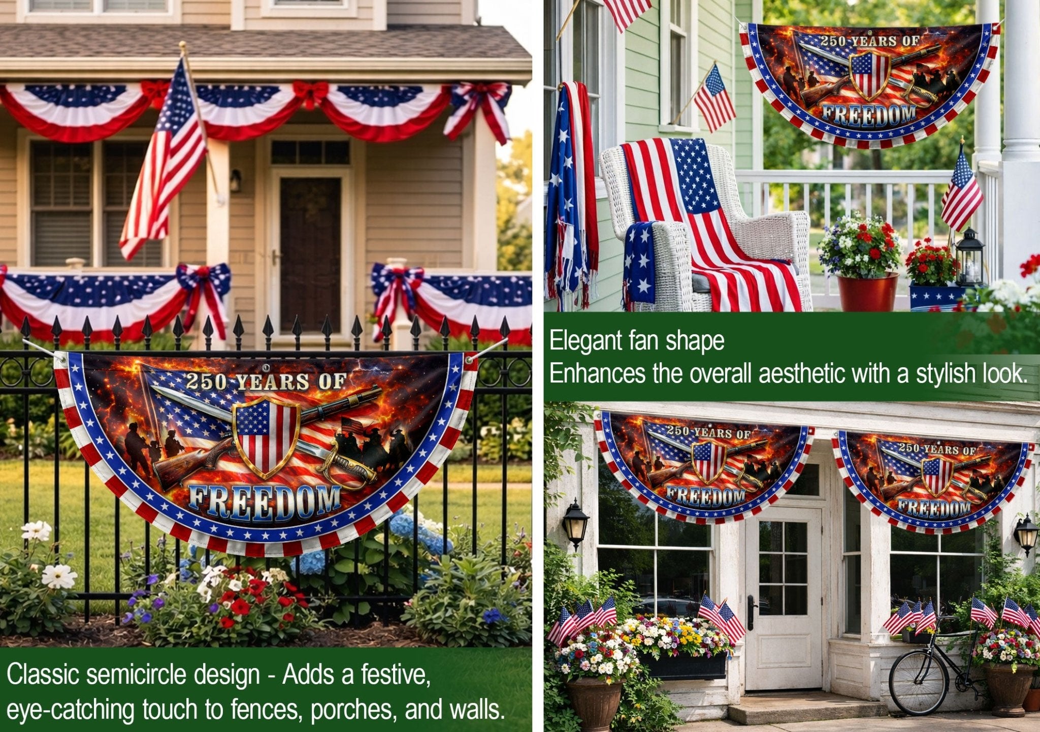 250 Years of Freedom Fence Flag 1776-2026 Patriotic Military Shield Banner - Rust Field Wear