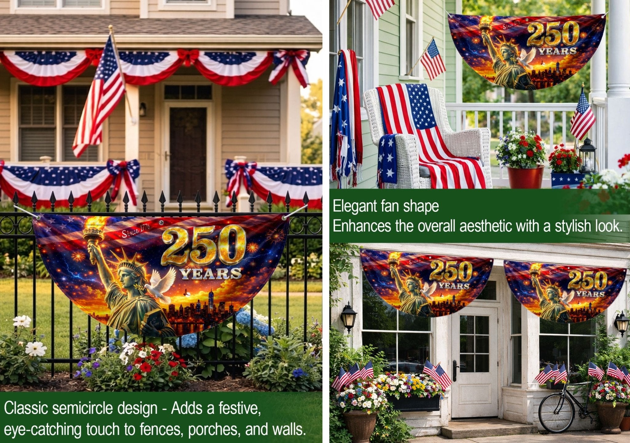 Statue of Liberty 250 Years United States Fence Flag 1776-2026 Patriotic Outdoor Banner - Rust Field Wear