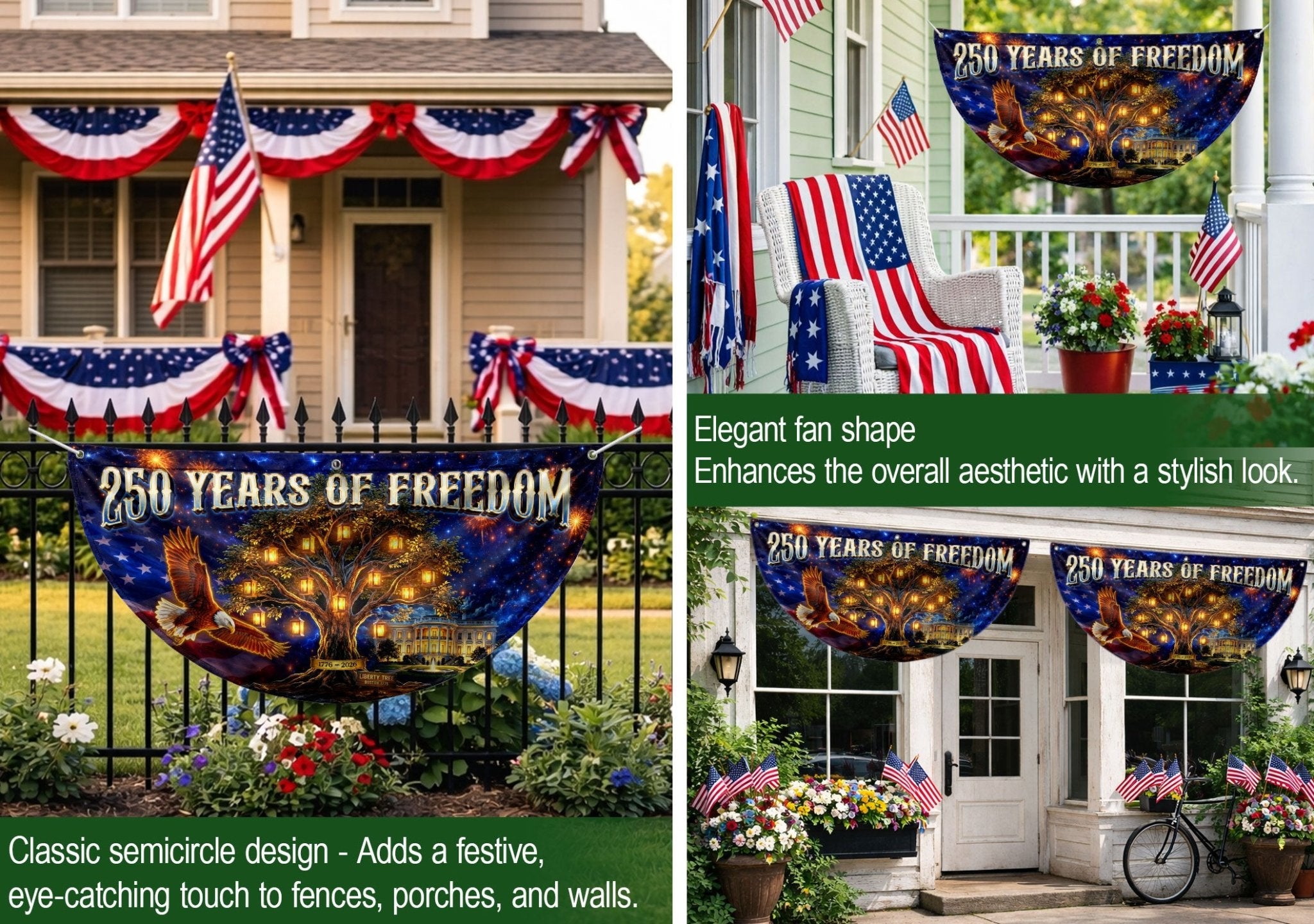 USA 250 Years Fence Banner 1776-2026 Patriotic Liberty Tree Eagle Banner - Rust Field Wear