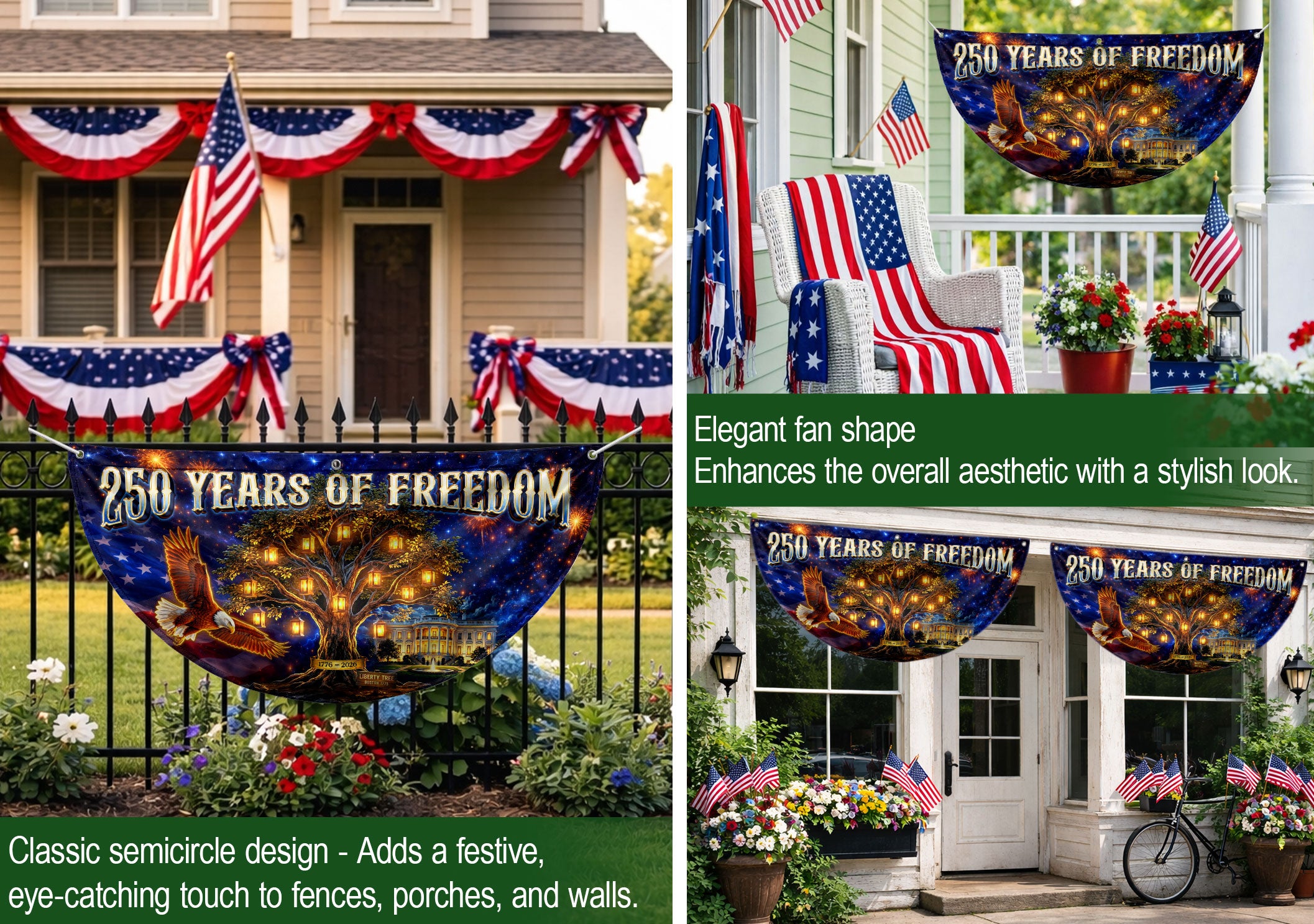 USA 250 Years Fence Banner 1776-2026 Patriotic Liberty Tree Eagle Banner