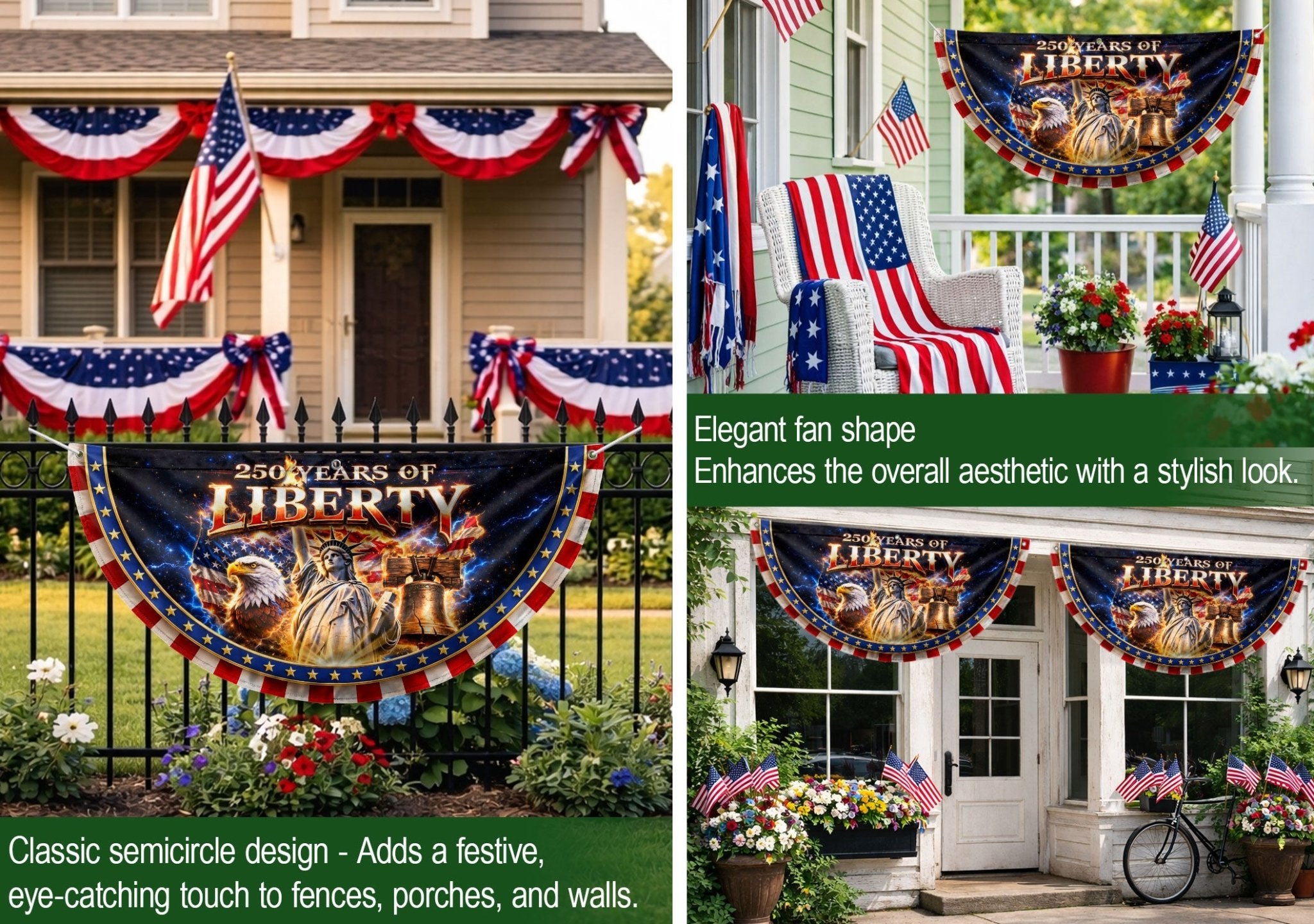 250 Years of Liberty Fence Flag Statue of Liberty Eagle Liberty Bell Banner - Rust Field Wear