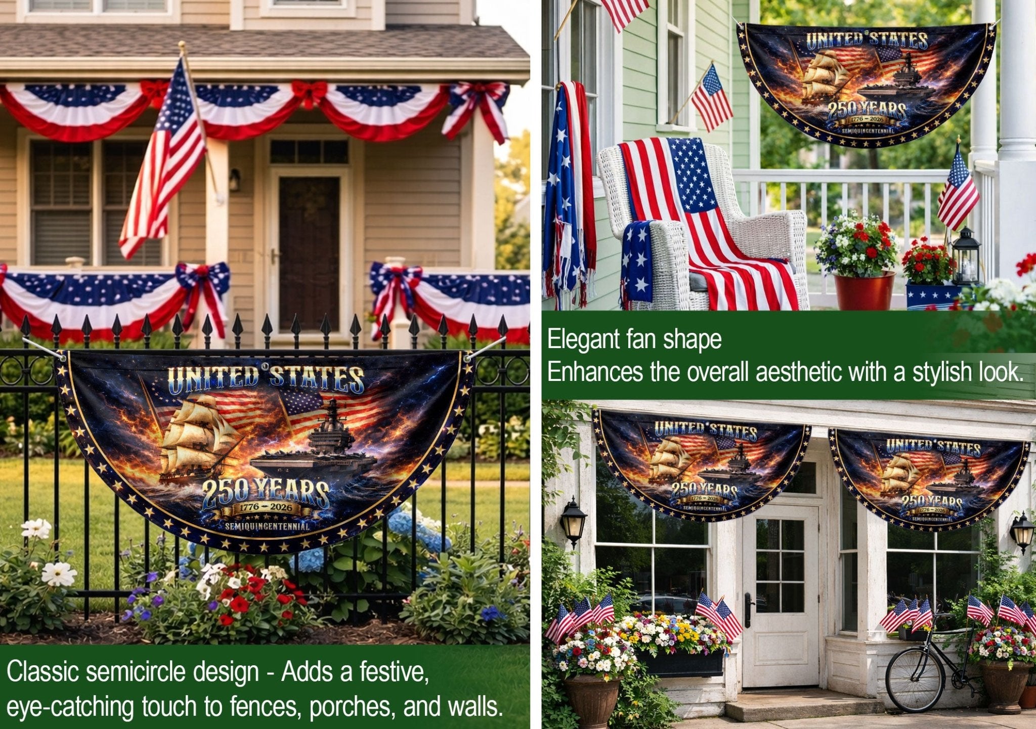 250 Years United States Fence Flag 1776-2026 Patriotic Navy Ship Outdoor Yard Banner - Rust Field Wear