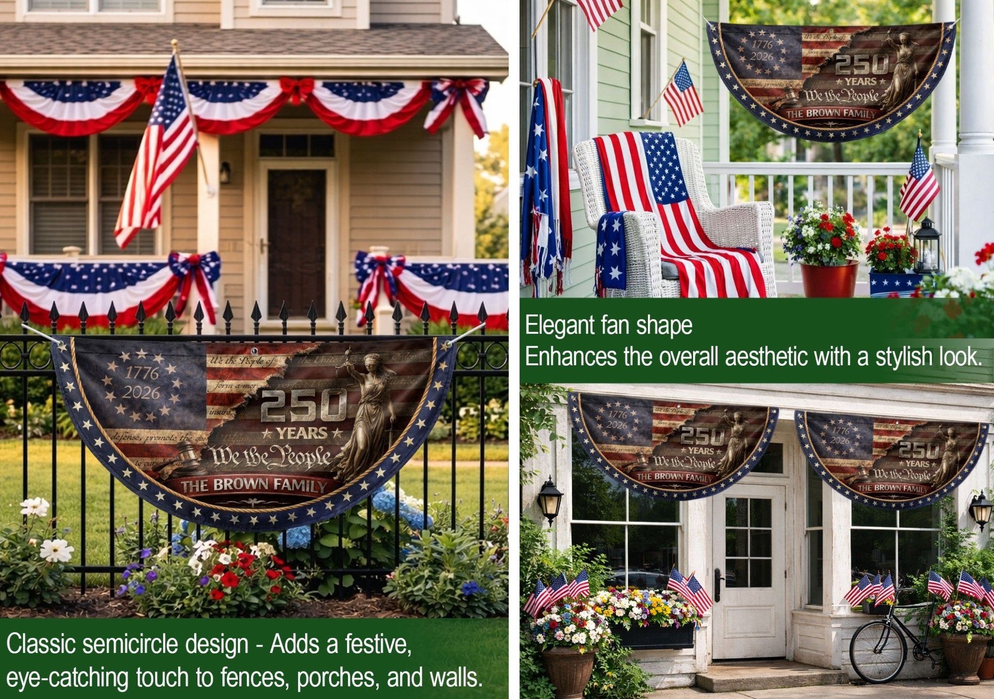 Lady Justice Fence Flag Custom Family Name 250 Years Freedom 1776-2026 Patriotic Decor - Rust Field Wear