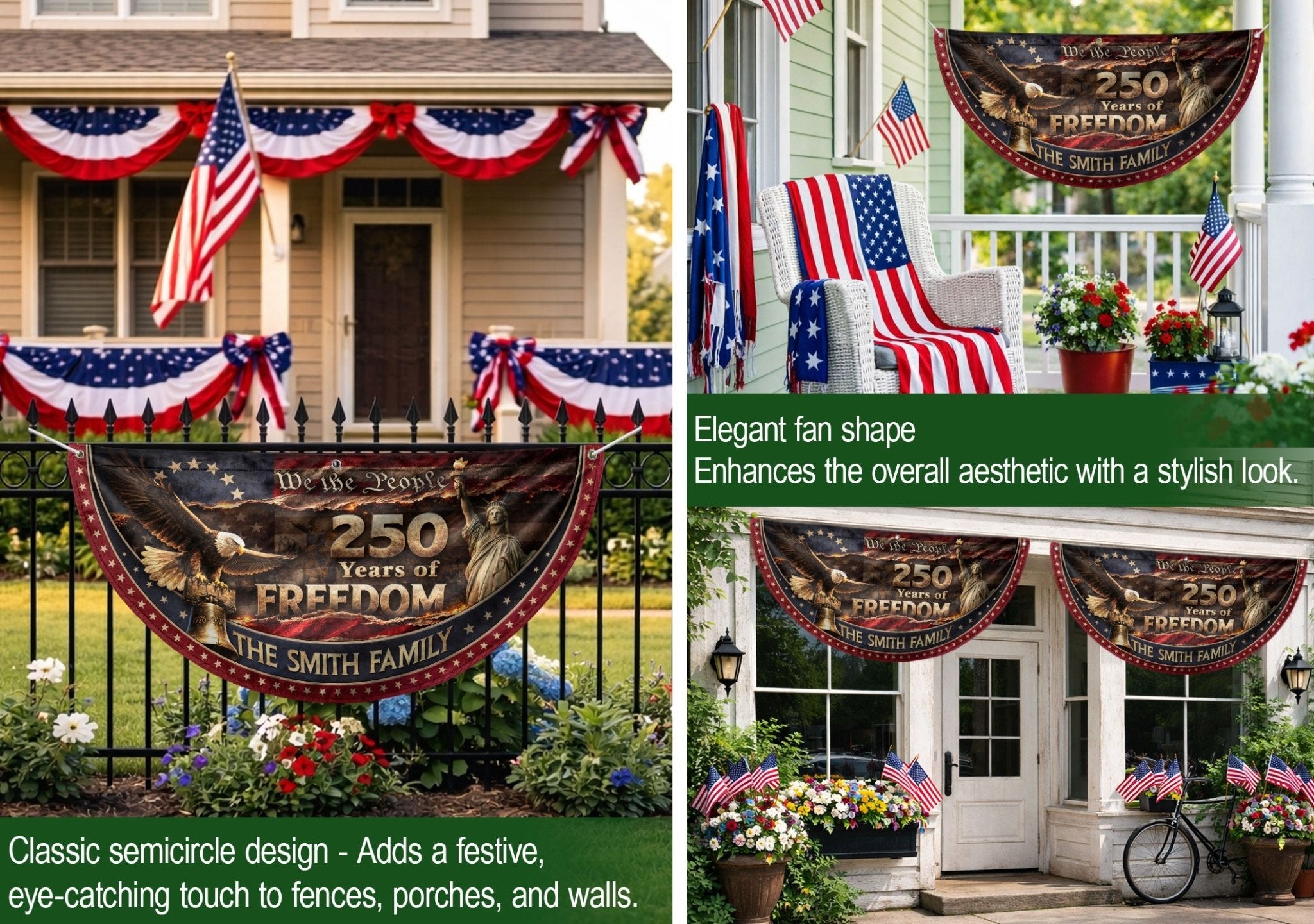 Liberty Bell & Statue of Liberty Fence Flag Custom Name 250 Years Freedom 1776-2026 - Rust Field Wear