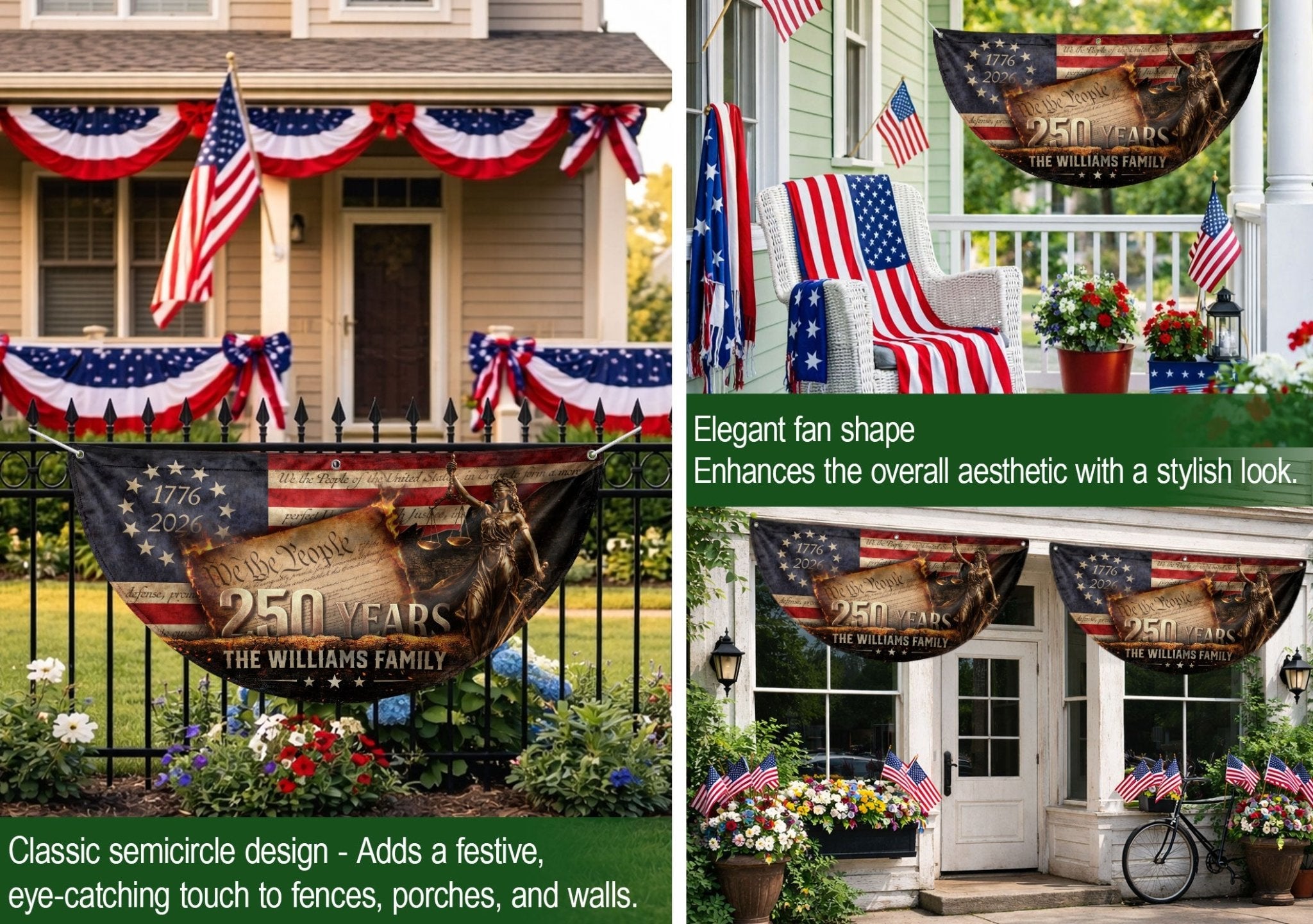 We The People Fence Flag Lady Justice Custom Family Name 250 Years Freedom 1776-2026 - Rust Field Wear